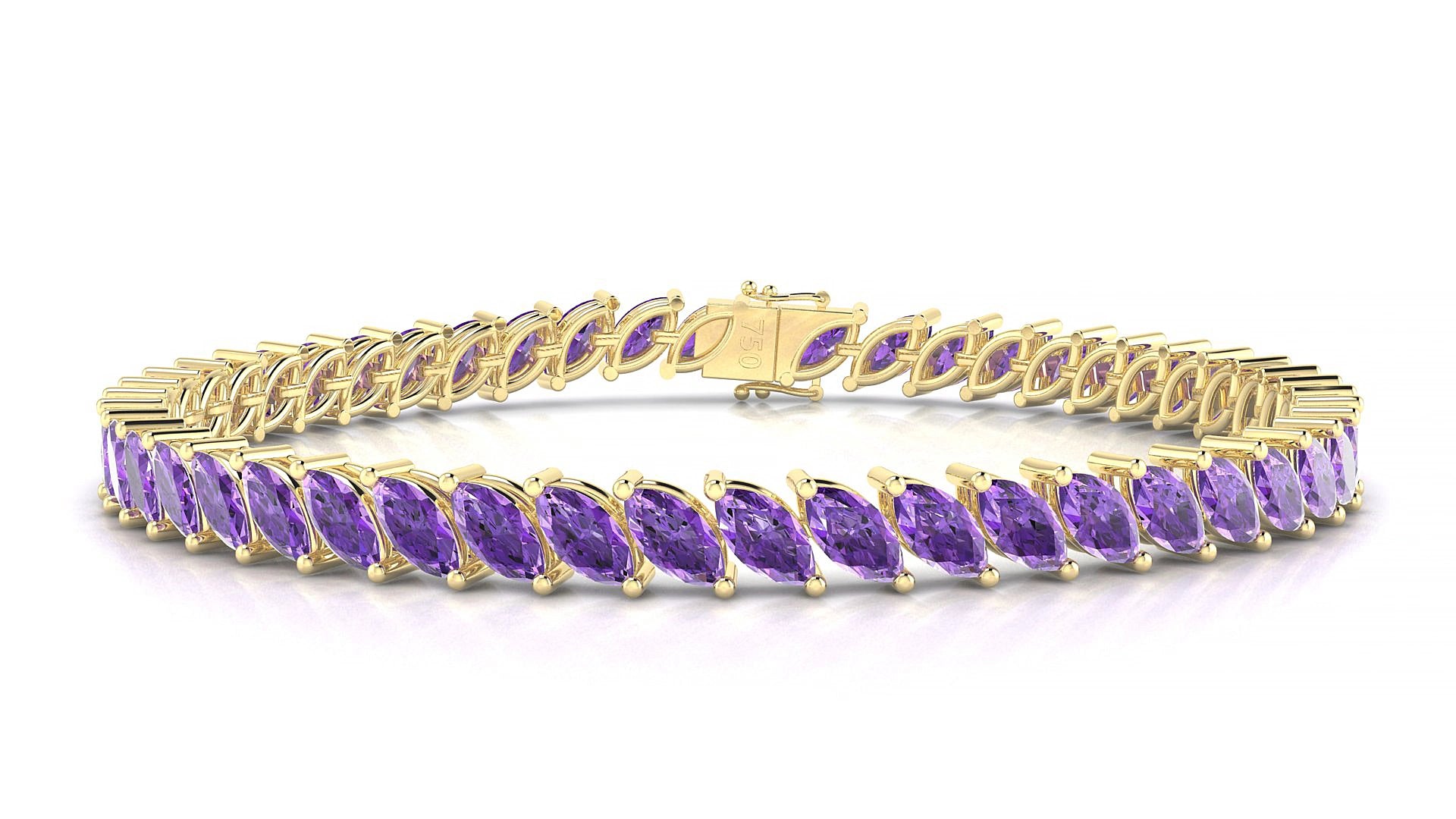 Venezia | 18k Yellow Gold 6 x 3 mm Marquise Natural Amethyst 15 cm Tennis Bracelet