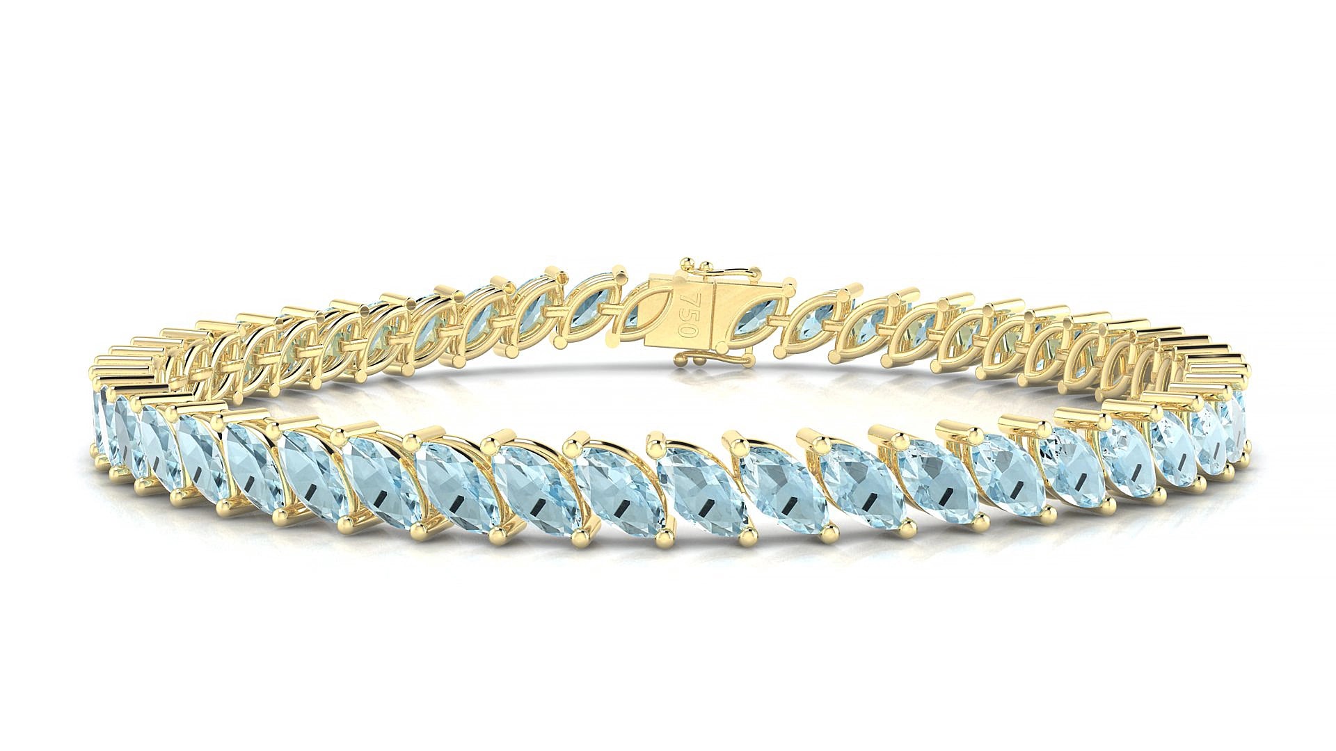 Venezia | 18k Yellow Gold 6 x 3 mm Marquise Natural Aquamarine 15 cm Tennis Bracelet