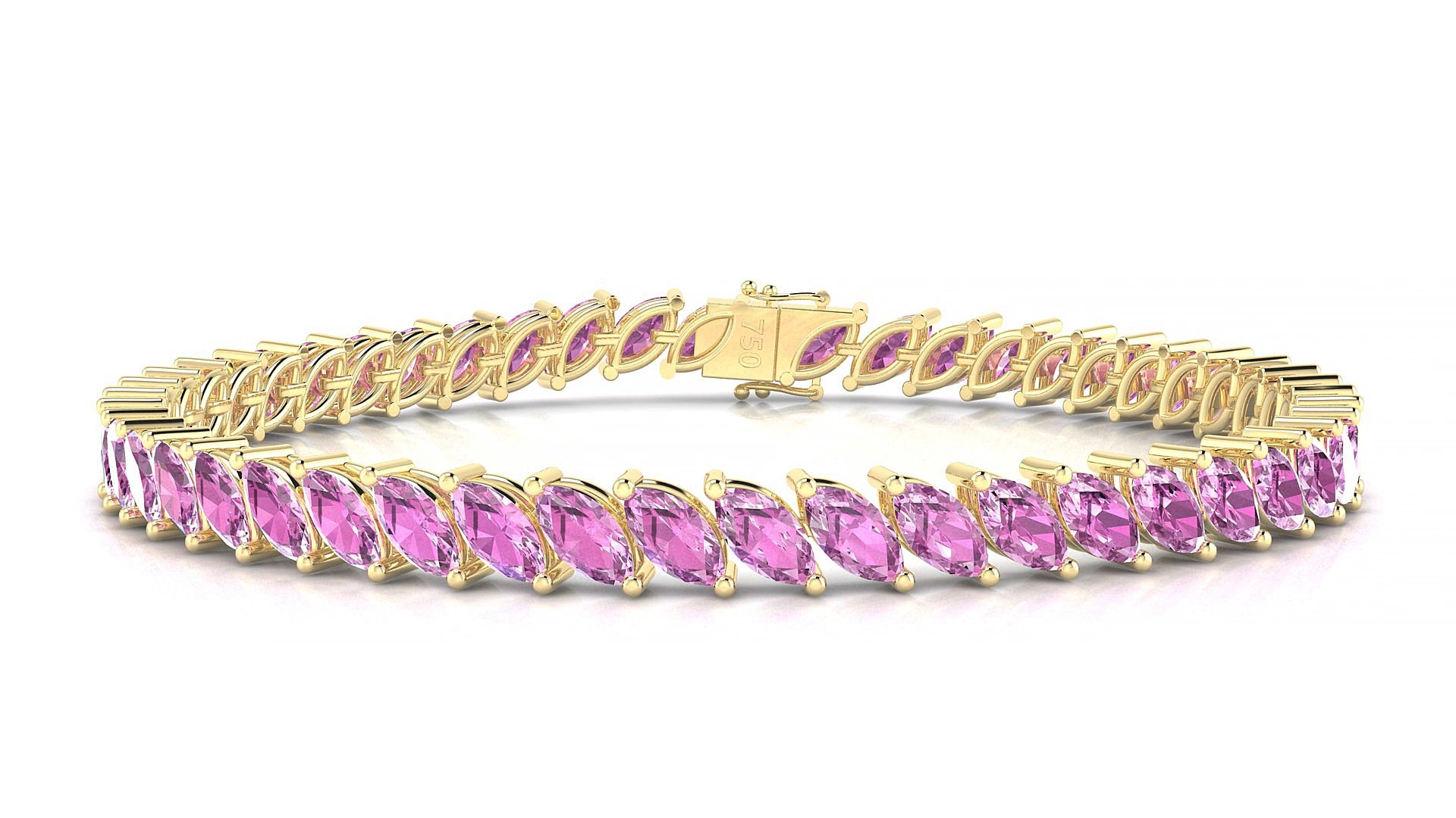 Venezia | 18k Yellow Gold 6 x 3 mm Marquise Natural Pink Sapphire 19 cm Tennis Bracelet