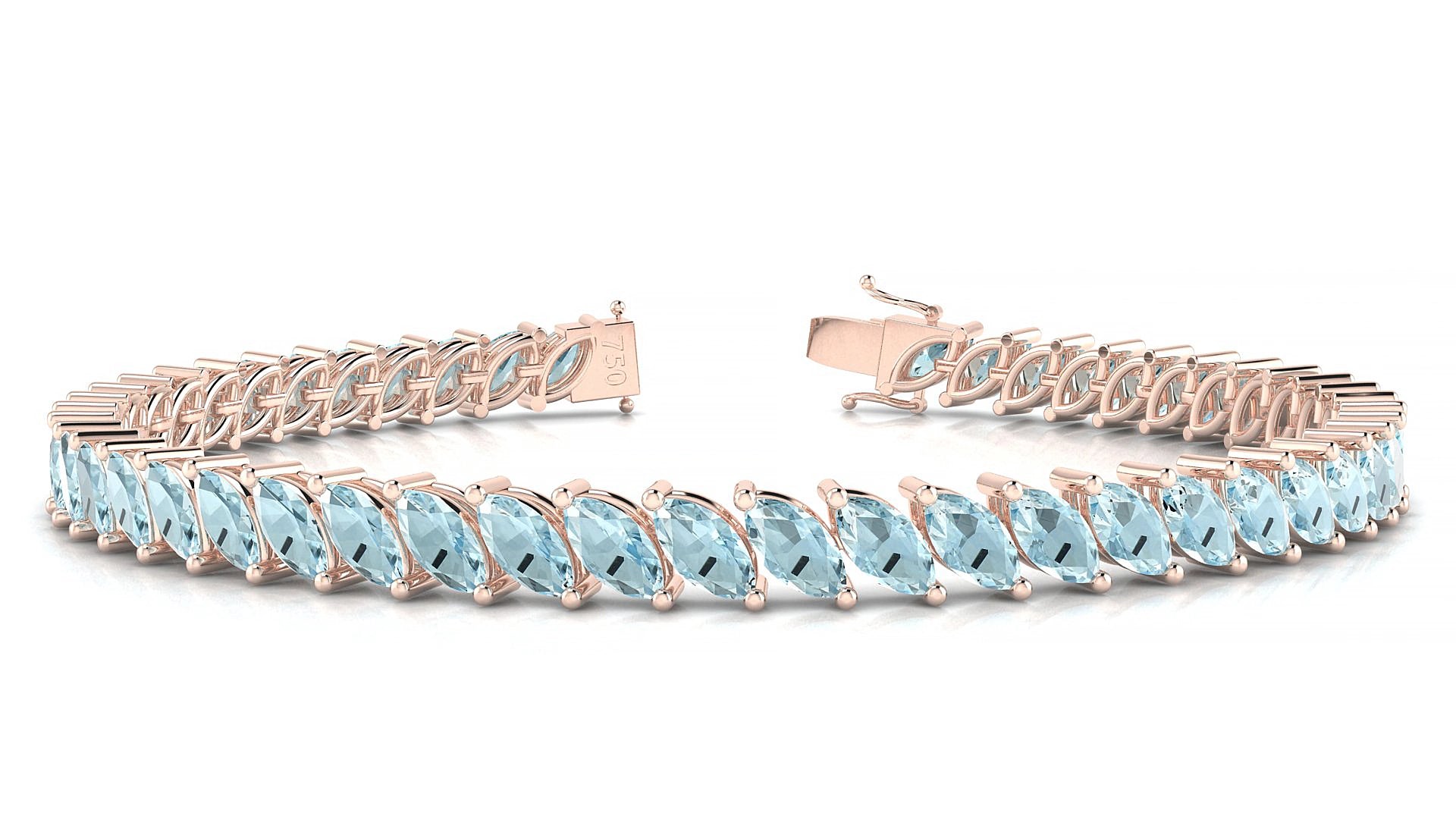 Venezia | 18k Rose Gold 6 x 3 mm Marquise Natural Aquamarine 15 cm Tennis Bracelet