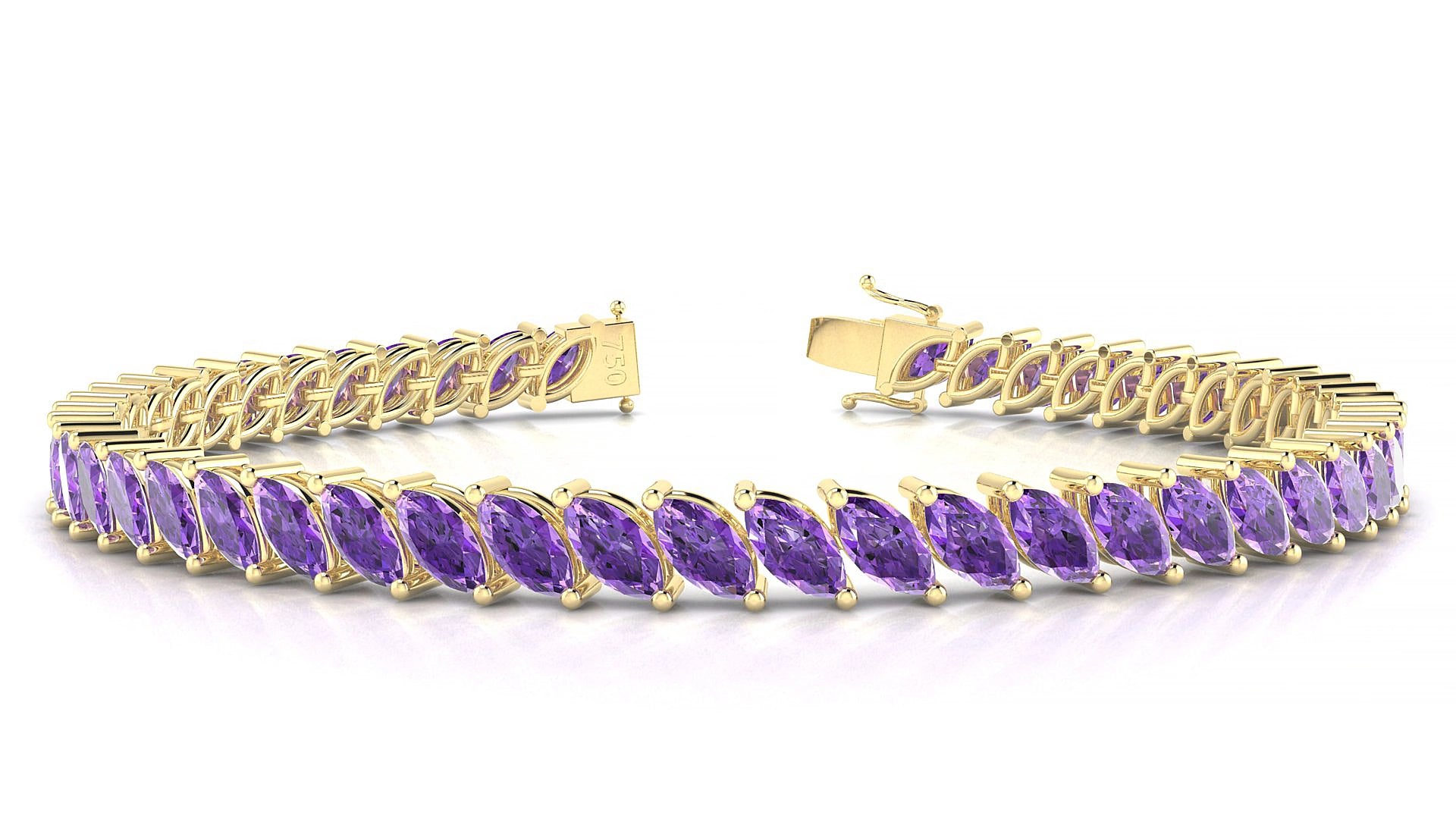 Venezia | 18k Yellow Gold 6 x 3 mm Marquise Natural Amethyst 16 cm Tennis Bracelet