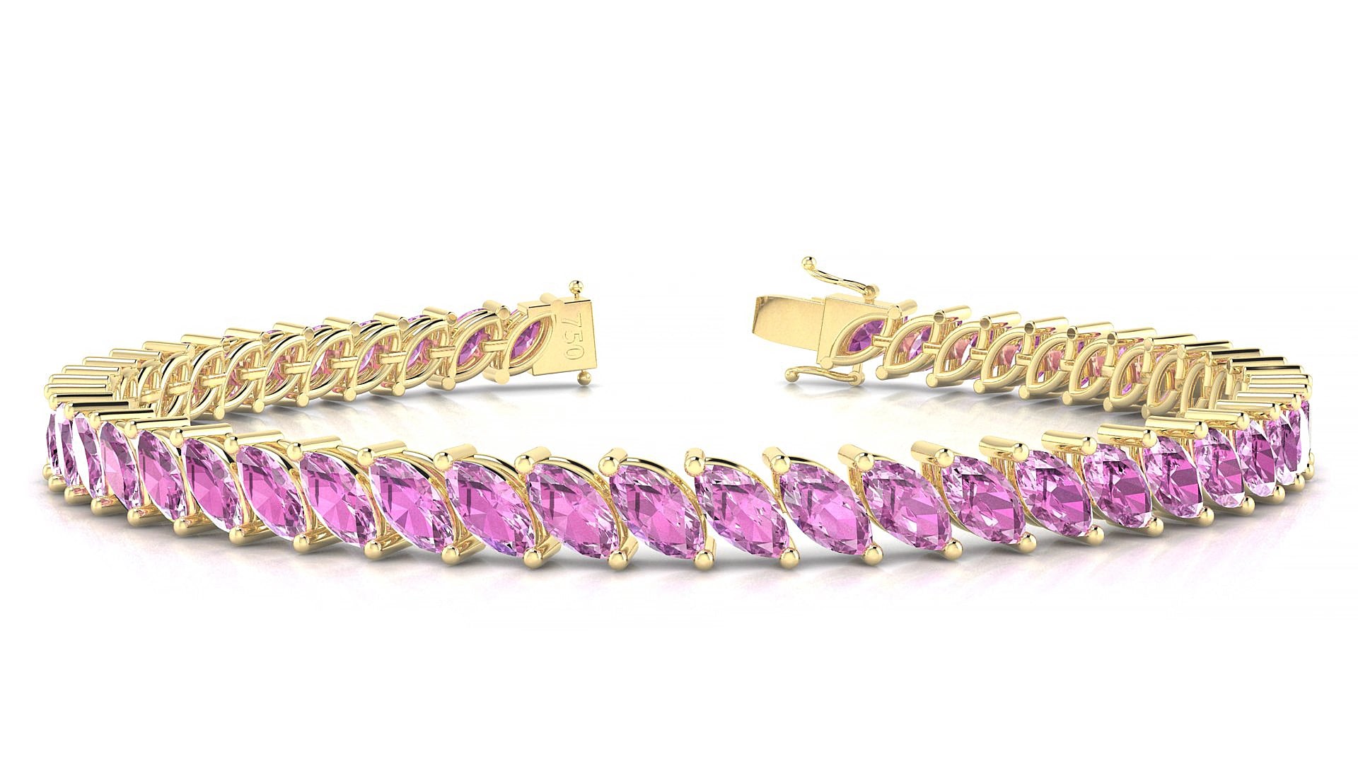 Venezia | 18k Yellow Gold 6 x 3 mm Marquise Natural Pink Sapphire 15 cm Tennis Bracelet