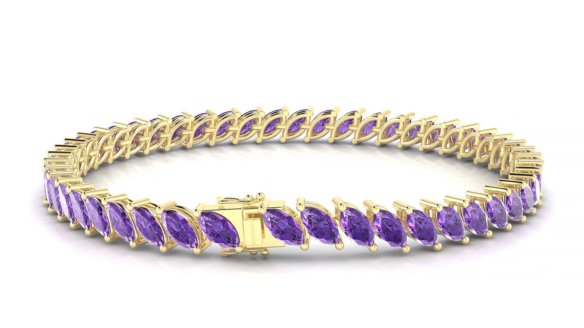 Venezia | 18k Yellow Gold 6 x 3 mm Marquise Natural Amethyst 15 cm Tennis Bracelet