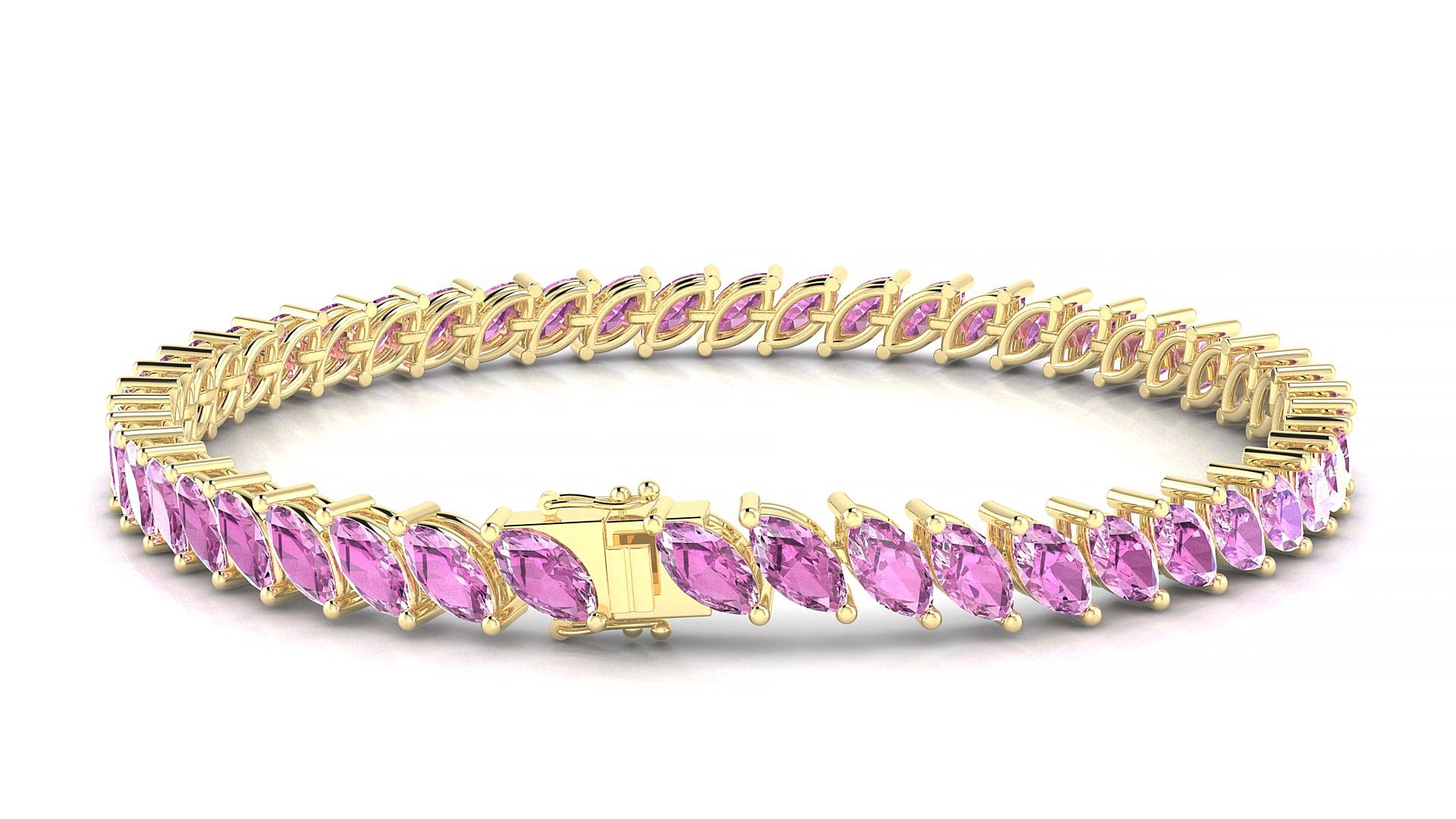 Venezia | 18k Yellow Gold 6 x 3 mm Marquise Natural Pink Sapphire 18 cm Tennis Bracelet
