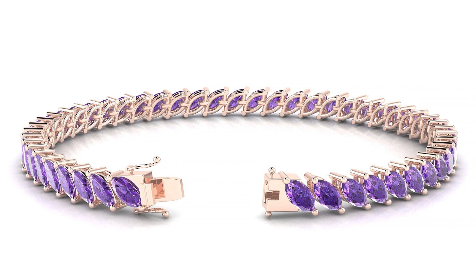 Venezia | 18k Rose Gold 6 x 3 mm Marquise Natural Amethyst 20 cm Tennis Bracelet