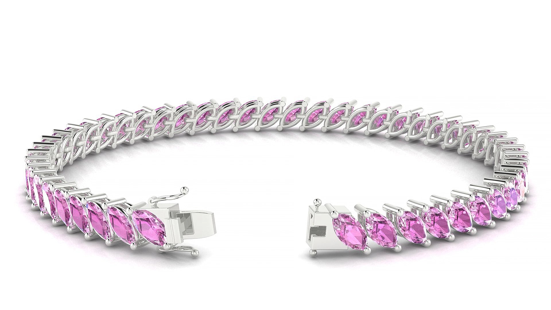 Venezia | 18k White Gold 6 x 3 mm Marquise Natural Pink Sapphire 15 cm Tennis Bracelet