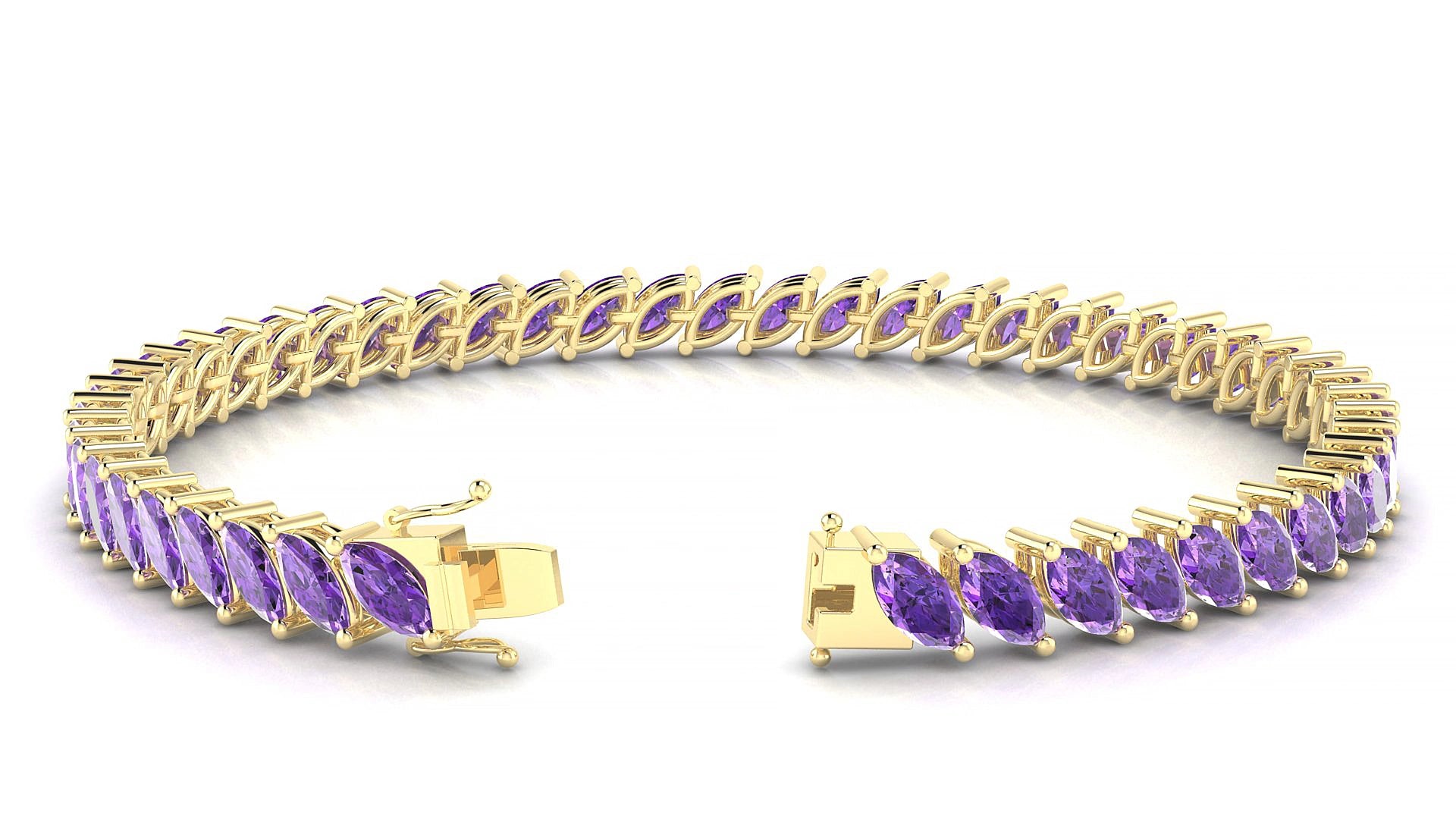 Venezia | 18k Yellow Gold 6 x 3 mm Marquise Natural Amethyst 17 cm Tennis Bracelet