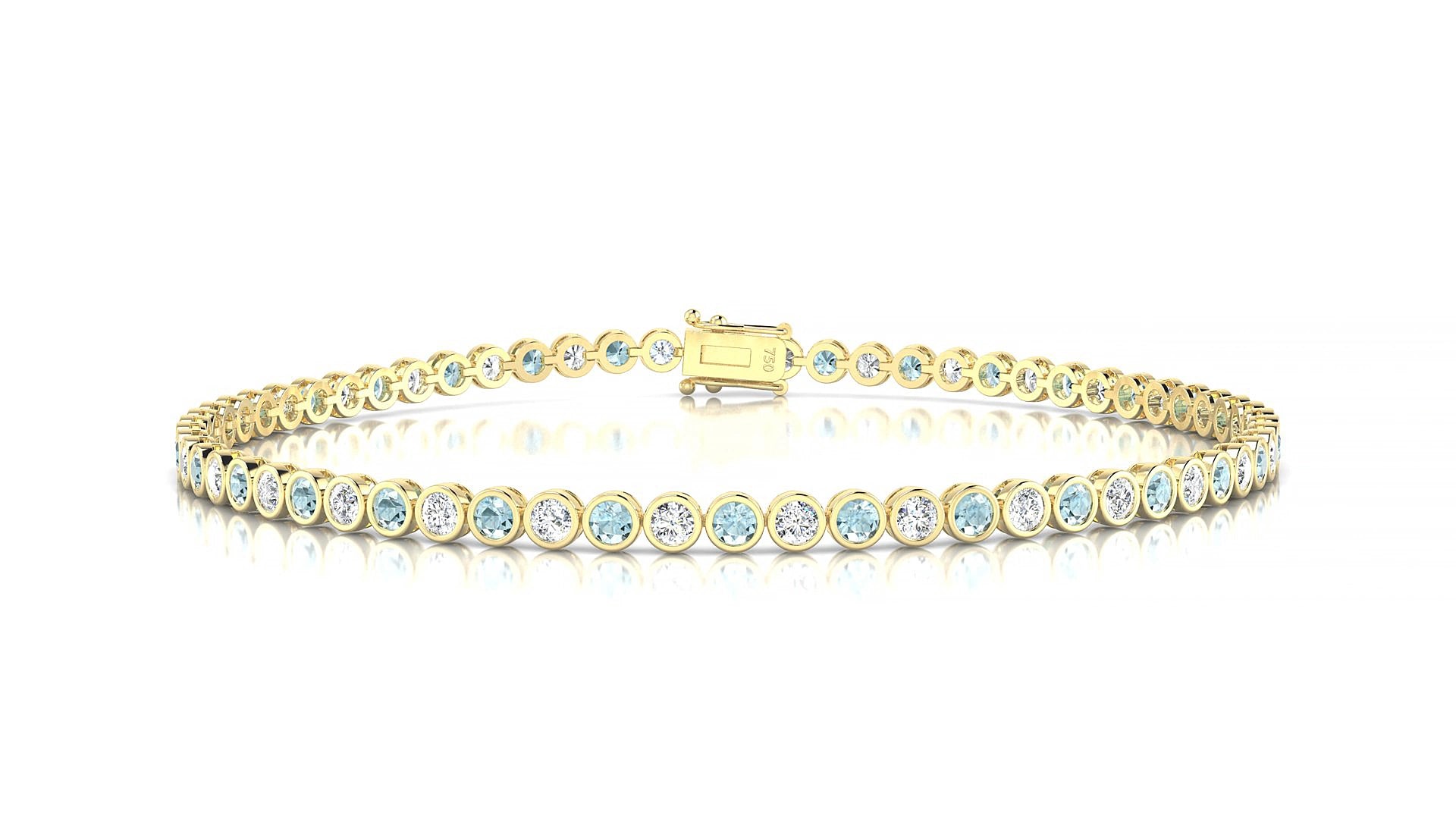 Avila 1-1 | 18k Yellow Gold 2 mm Round Natural Aquamarine & Diamond 15 cm Tennis Bracelet