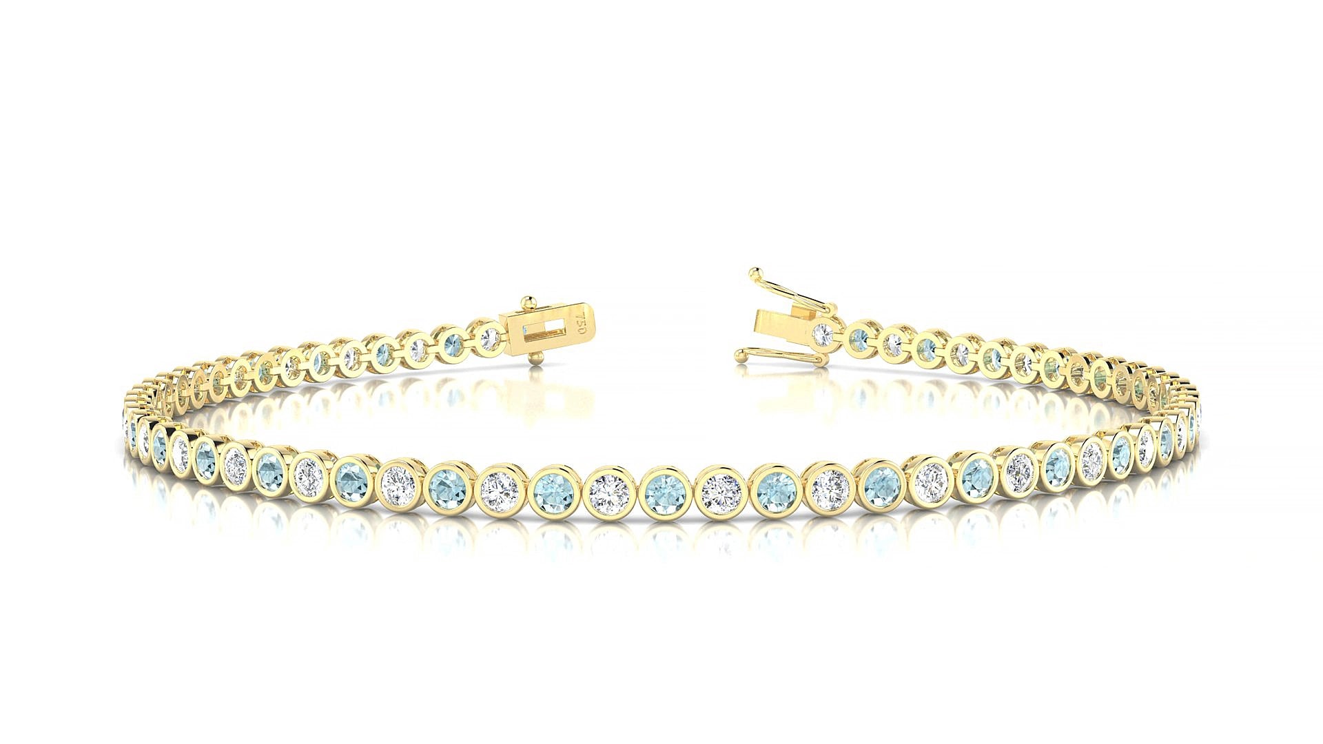 Avila 1-1 | 18k Yellow Gold 2 mm Round Natural Aquamarine & Diamond 16 cm Tennis Bracelet
