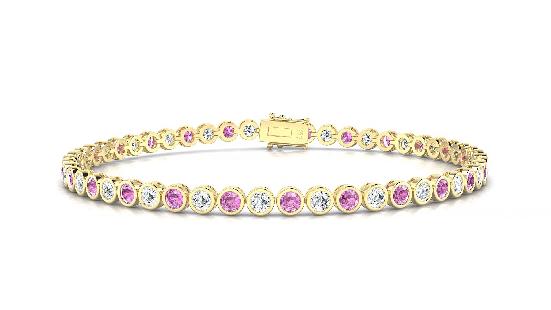 Avila 1-1 | 18k Yellow Gold 2.5 mm Round Natural Pink Sapphire & Diamond 15 cm Tennis Bracelet