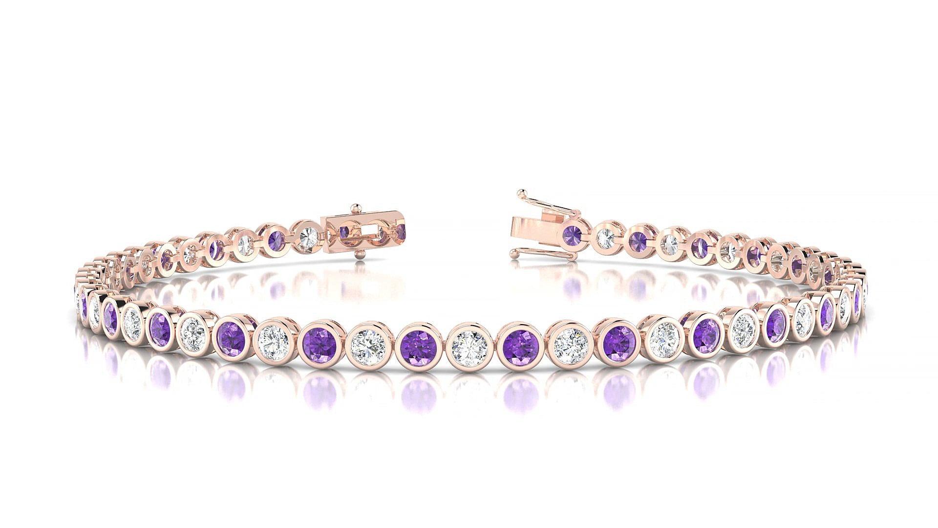 Avila 1-1 | 18k Rose Gold 2.5 mm Round Natural Amethyst & Diamond 15 cm Tennis Bracelet