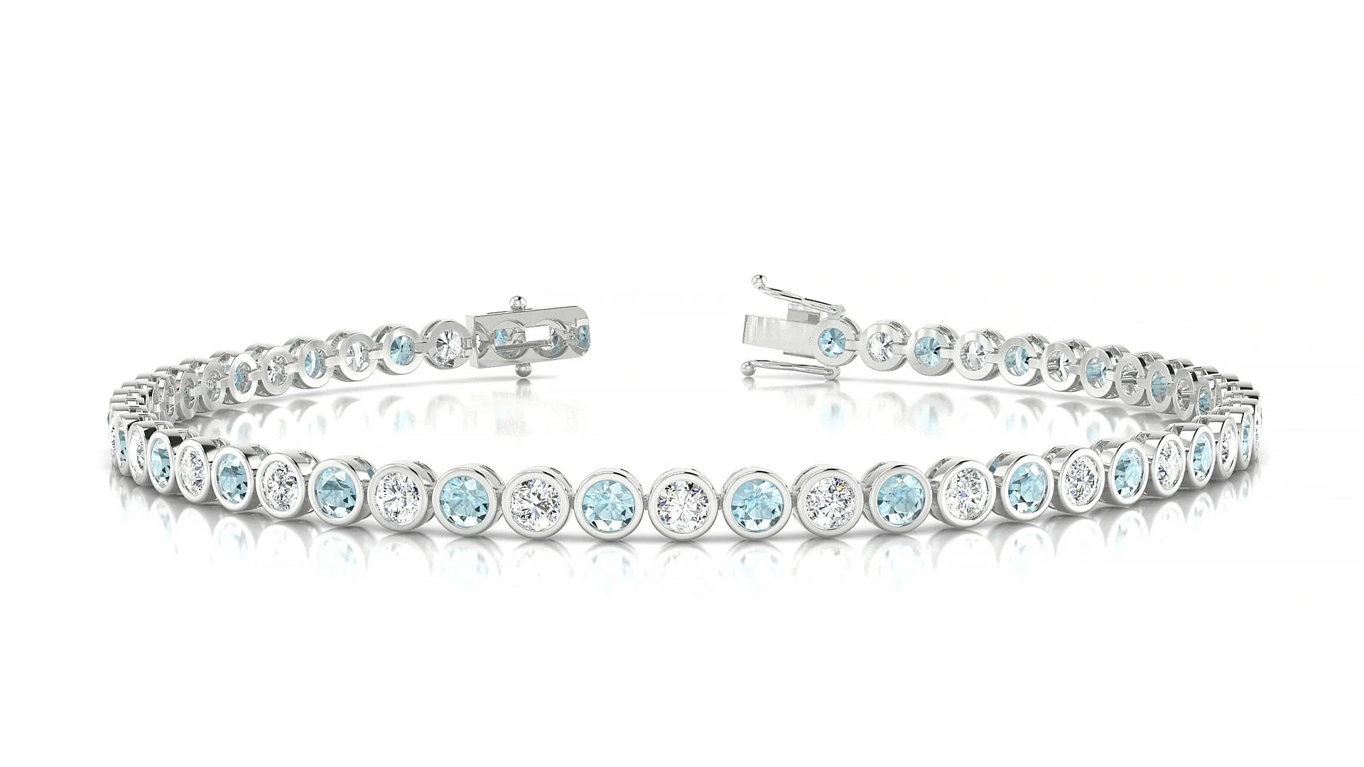 Avila 1-1 | 18k White Gold 2.5 mm Round Natural Aquamarine & Diamond Tennis Bracelet