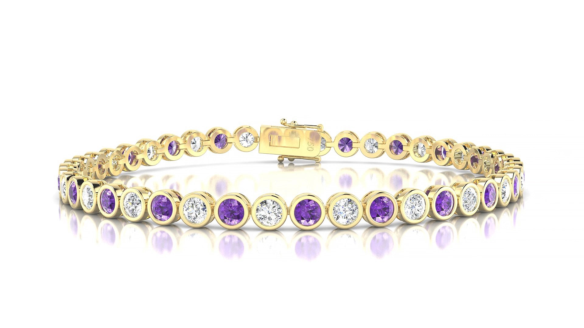 Avila 1-1 | 18k Yellow Gold 3 mm Round Natural Amethyst & Diamond 15 cm Tennis Bracelet