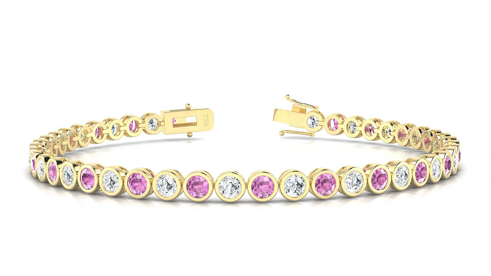 Avila 1-1 | 18k Yellow Gold 3 mm Round Natural Pink Sapphire & Diamond 15 cm Tennis Bracelet