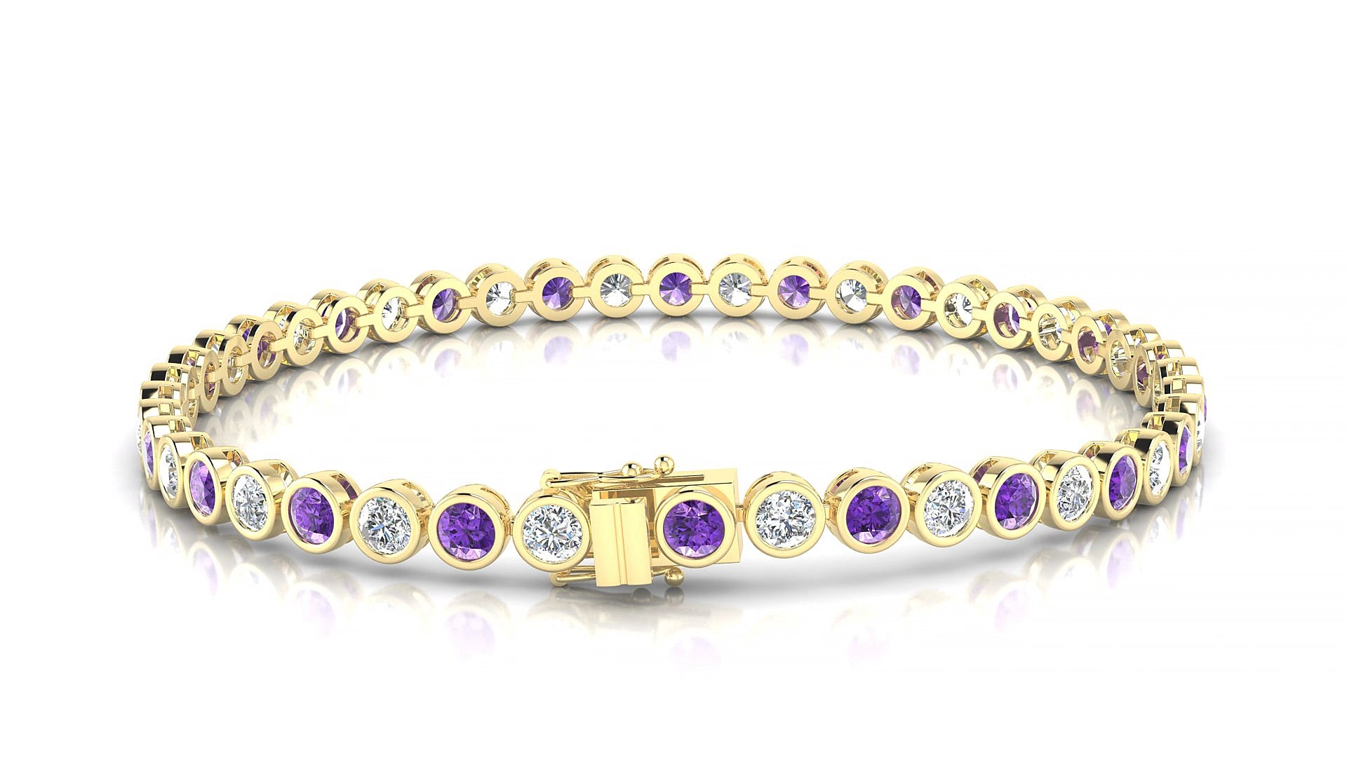 Avila 1-1 | 18k Yellow Gold 3 mm Round Natural Amethyst & Diamond 15 cm Tennis Bracelet