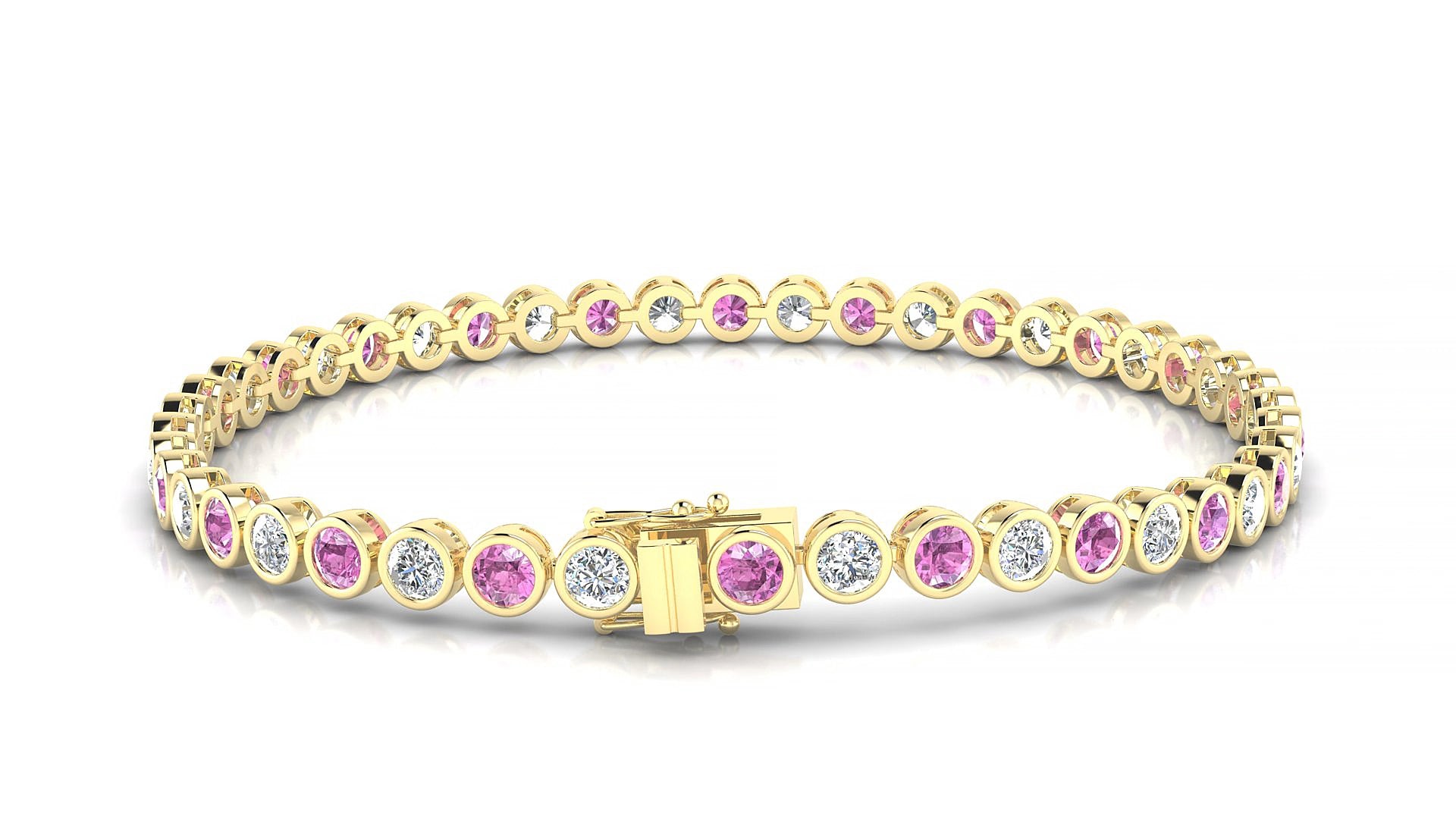 Avila 1-1 | 18k Yellow Gold 3 mm Round Natural Pink Sapphire & Diamond 15 cm Tennis Bracelet