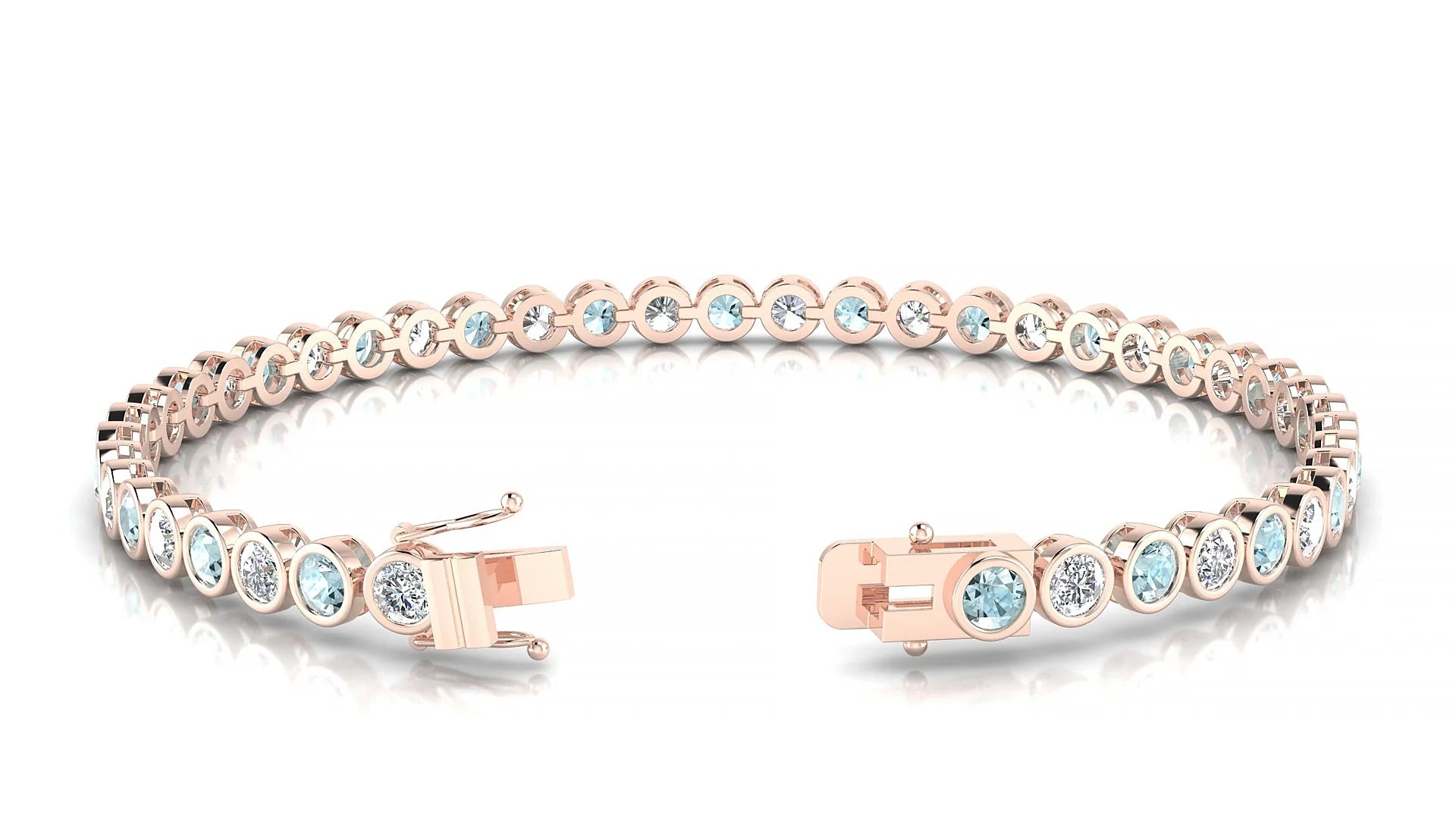 Avila 1-1 | 18k Rose Gold 3 mm Round Natural Aquamarine & Diamond Tennis Bracelet
