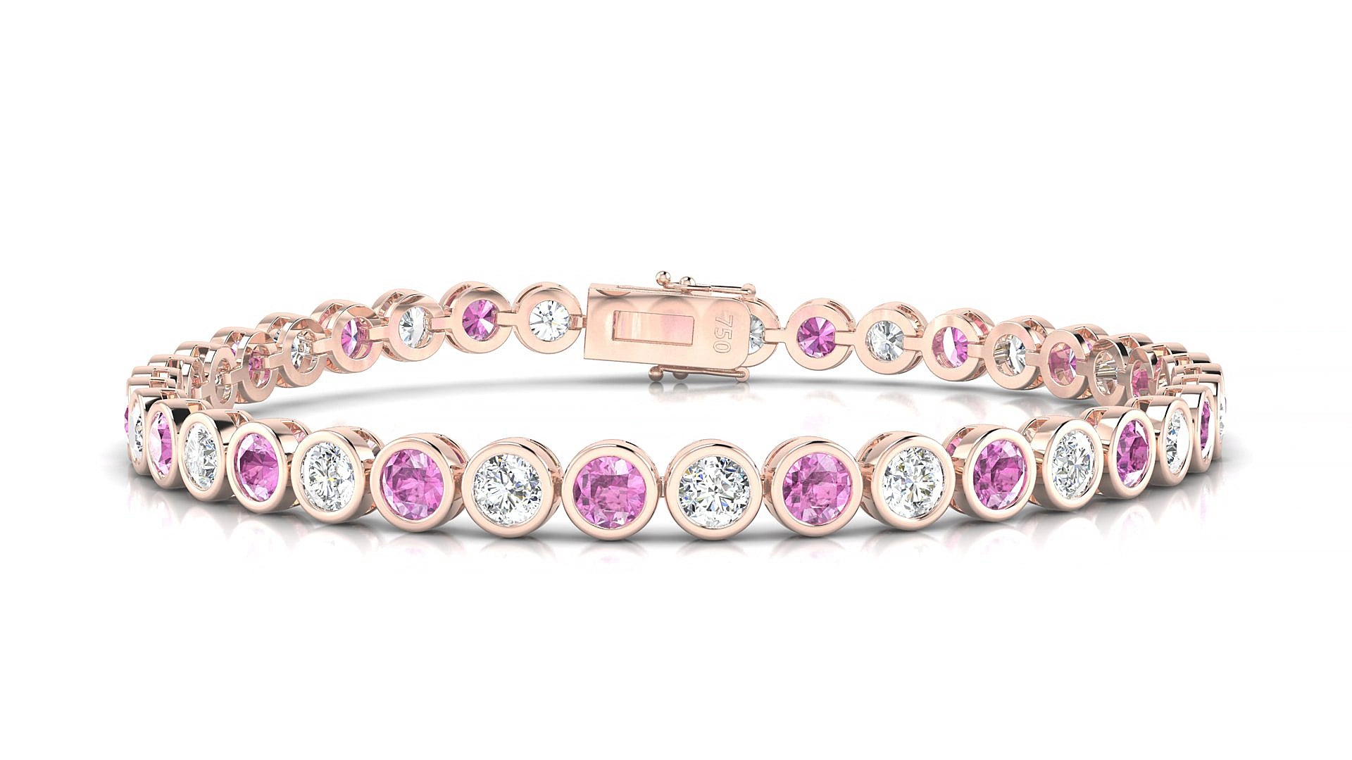Avila 1-1 | 18k Rose Gold 3.4 mm Round Natural Pink Sapphire & Diamond 15 cm Tennis Bracelet