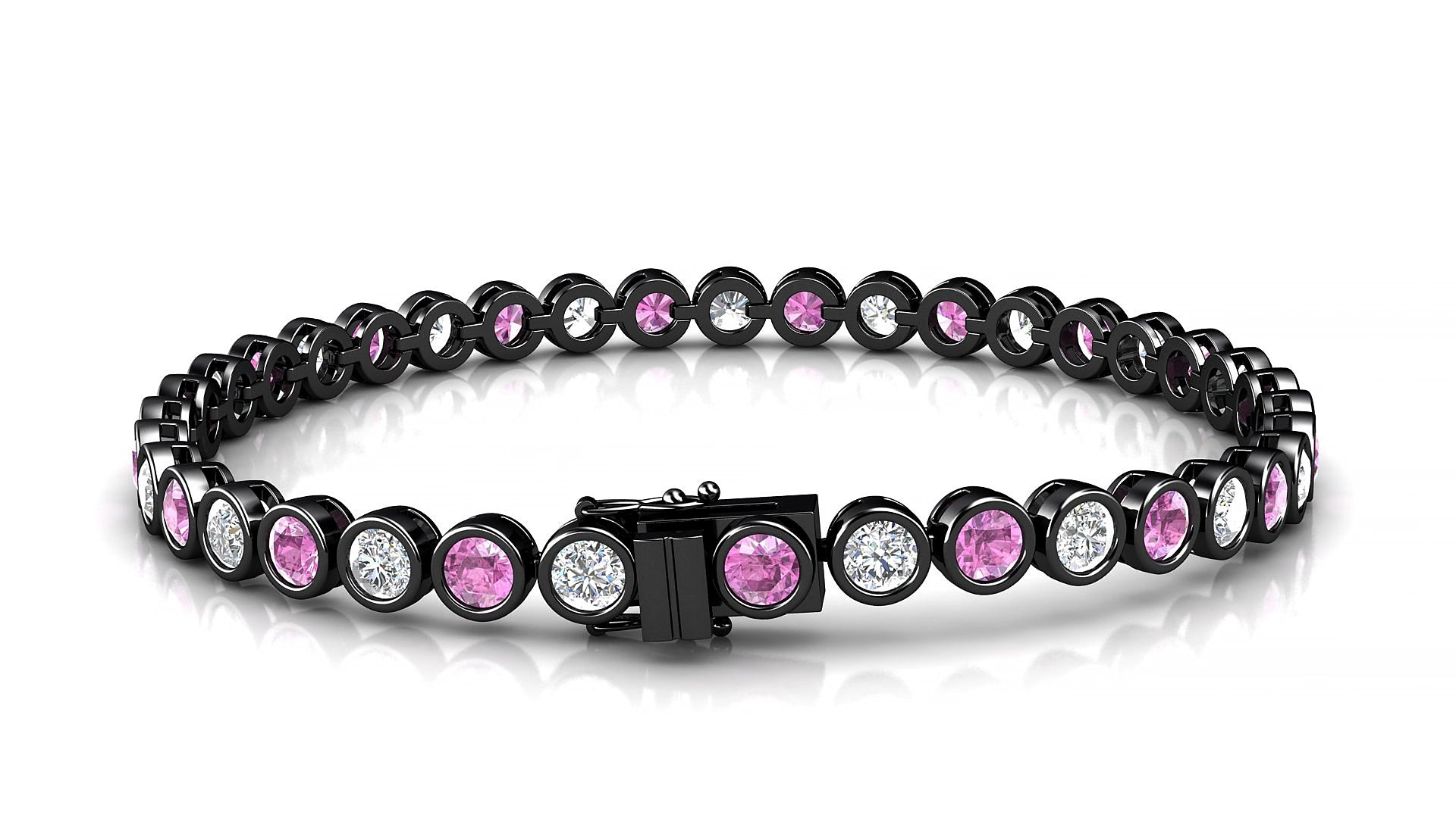 Avila 1-1 | 18k Black Gold 3.4 mm Round Natural Pink Sapphire & Diamond 16 cm Tennis Bracelet