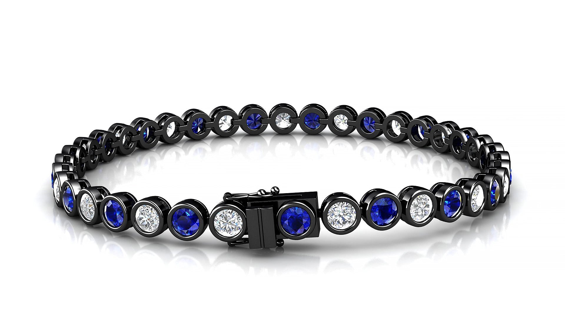 Avila 1-1 | 18k Black Gold 3.4 mm Round Natural Sapphire & Diamond 15 cm Tennis Bracelet