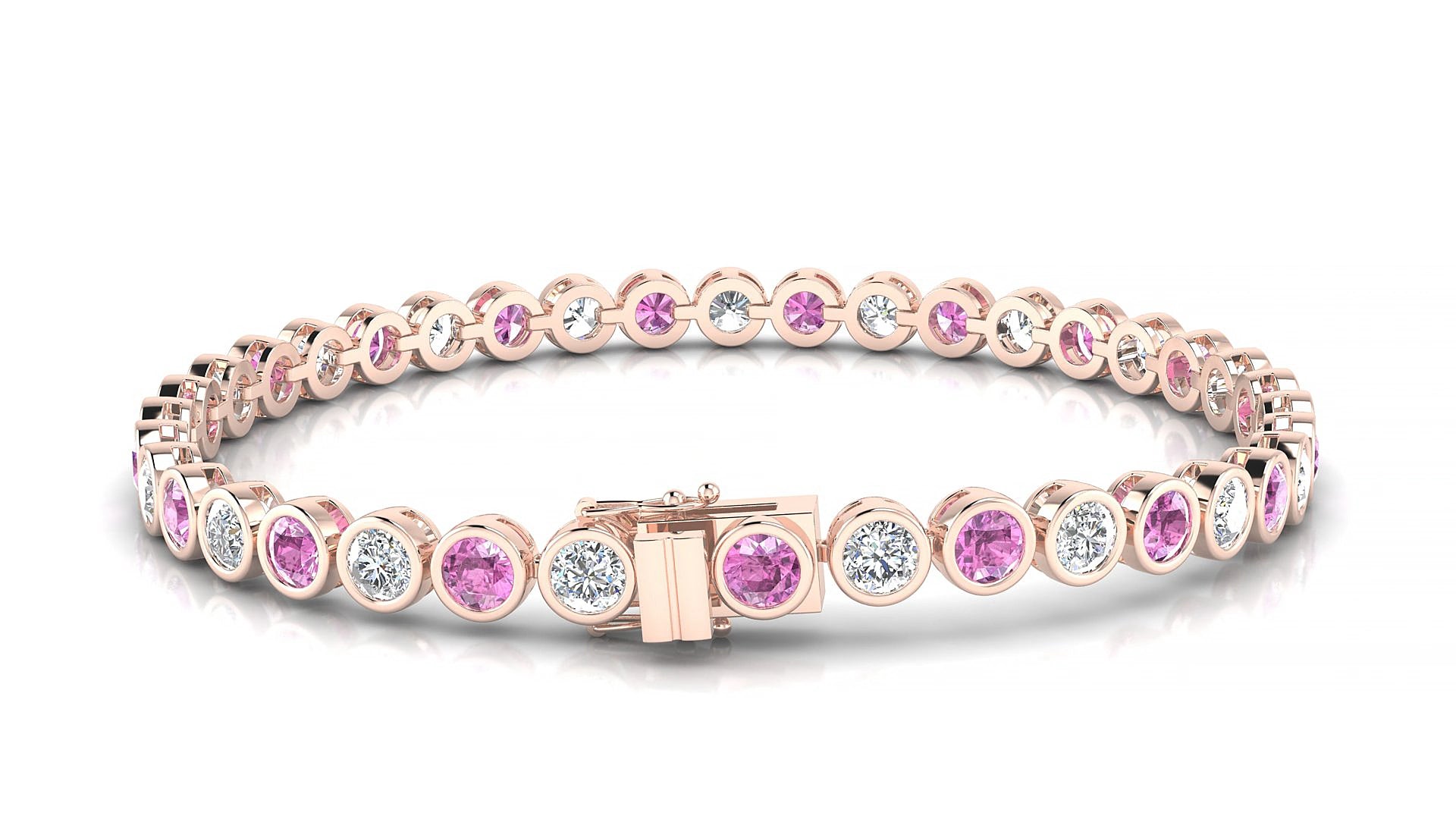 Avila 1-1 | 18k Rose Gold 3.4 mm Round Natural Pink Sapphire & Diamond 20 cm Tennis Bracelet
