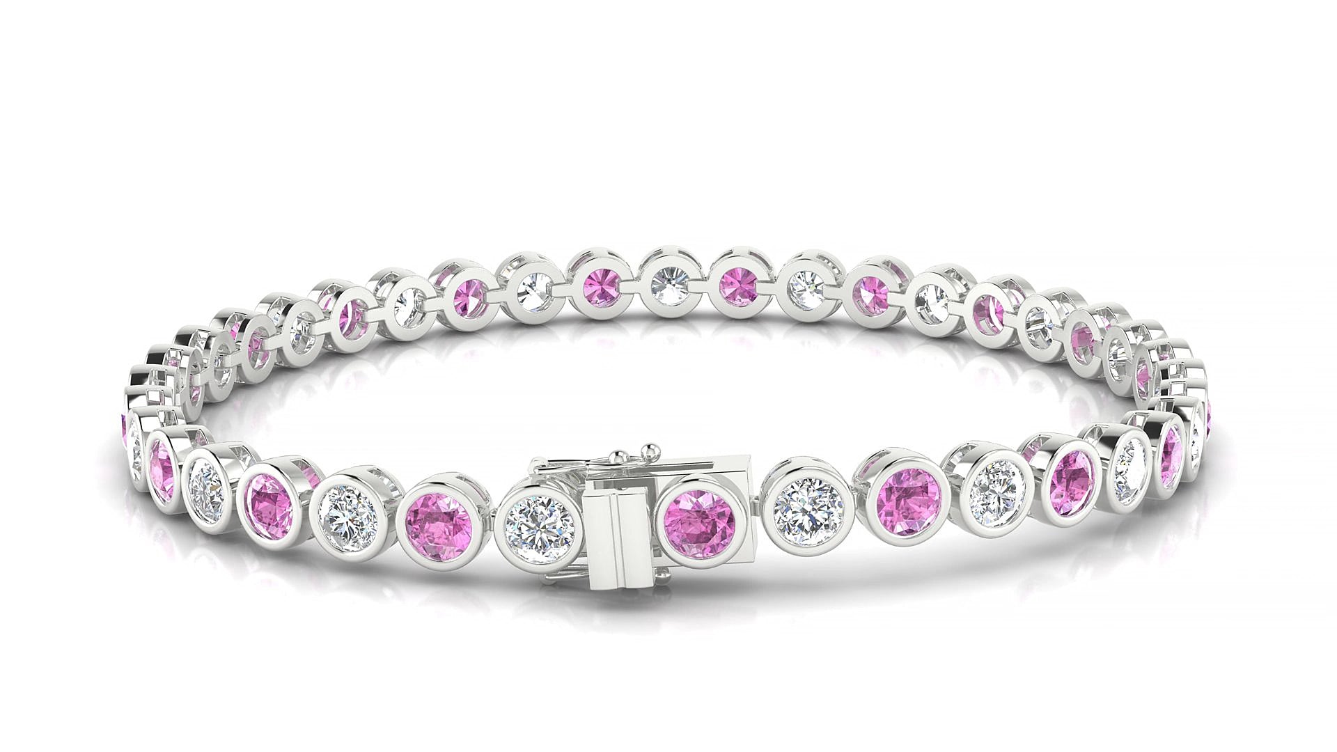 Avila 1-1 | 18k White Gold 3.4 mm Round Natural Pink Sapphire & Diamond 15 cm Tennis Bracelet