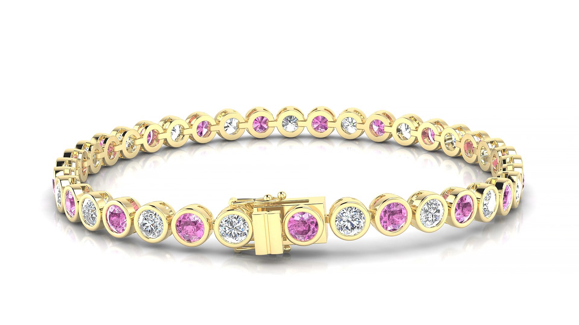 Avila 1-1 | 18k Yellow Gold 3.4 mm Round Natural Pink Sapphire & Diamond 15 cm Tennis Bracelet