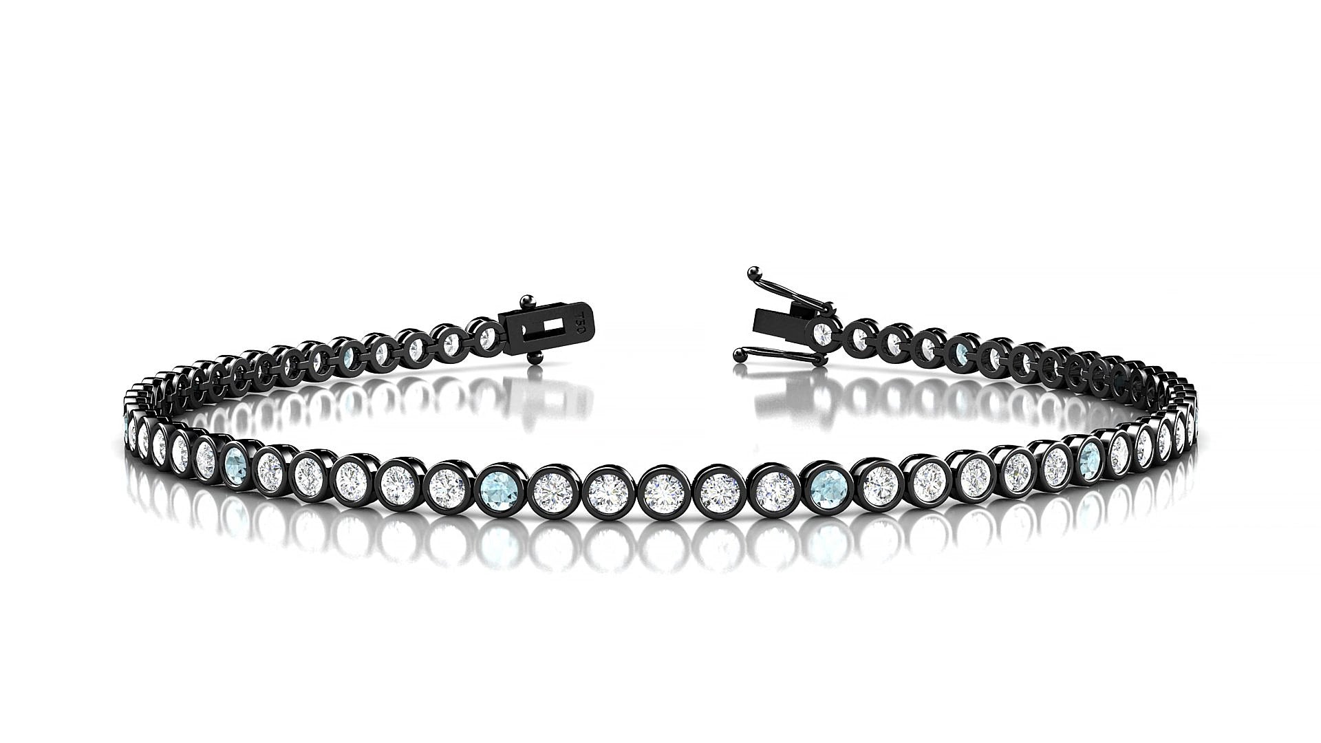 Avila 1-5 | 18k Black Gold 2 mm Round Natural Aquamarine & Diamond 15 cm Tennis Bracelet