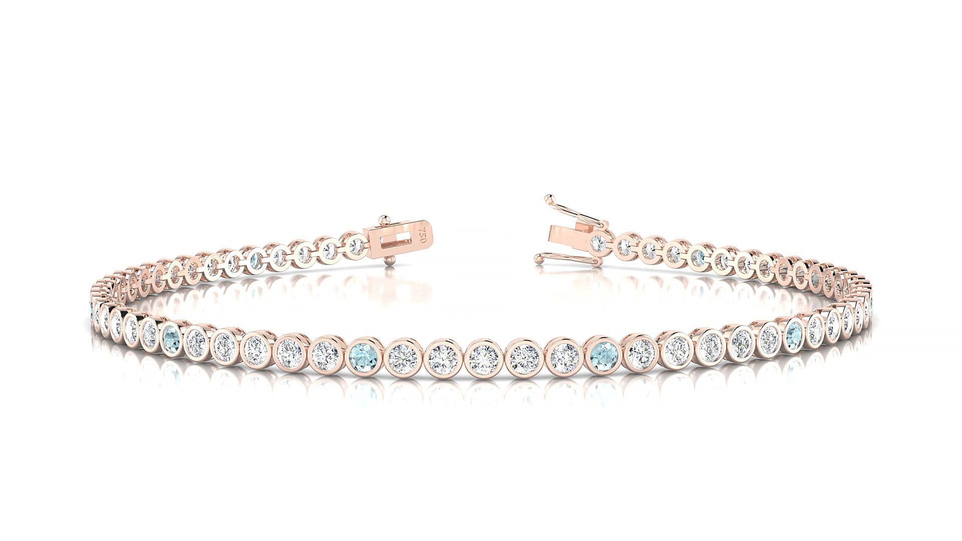 Avila 1-5 | 18k Rose Gold 2 mm Round Natural Aquamarine & Diamond 15 cm Tennis Bracelet