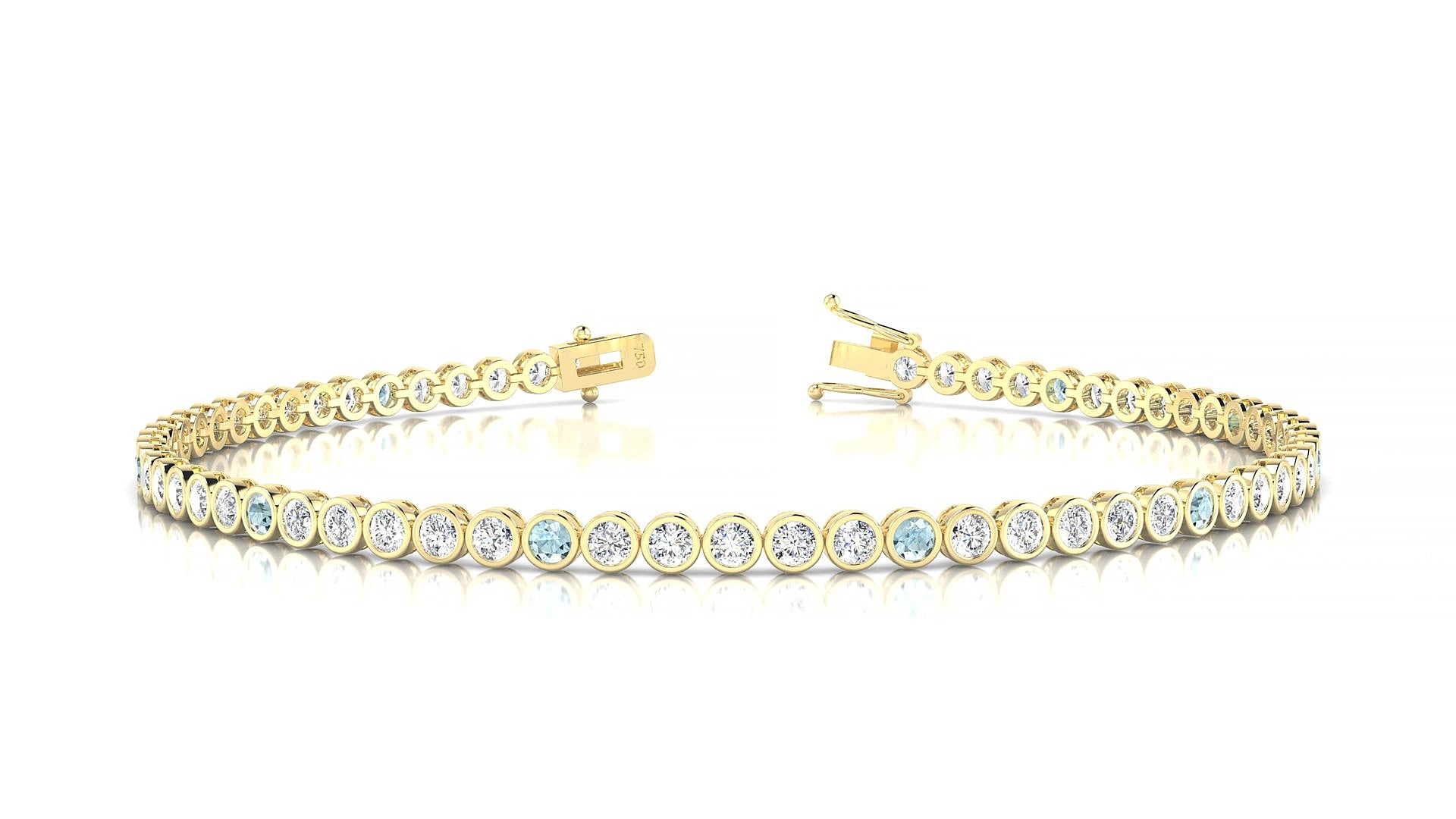 Avila 1-5 | 18k Yellow Gold 2 mm Round Natural Aquamarine & Diamond 19 cm Tennis Bracelet