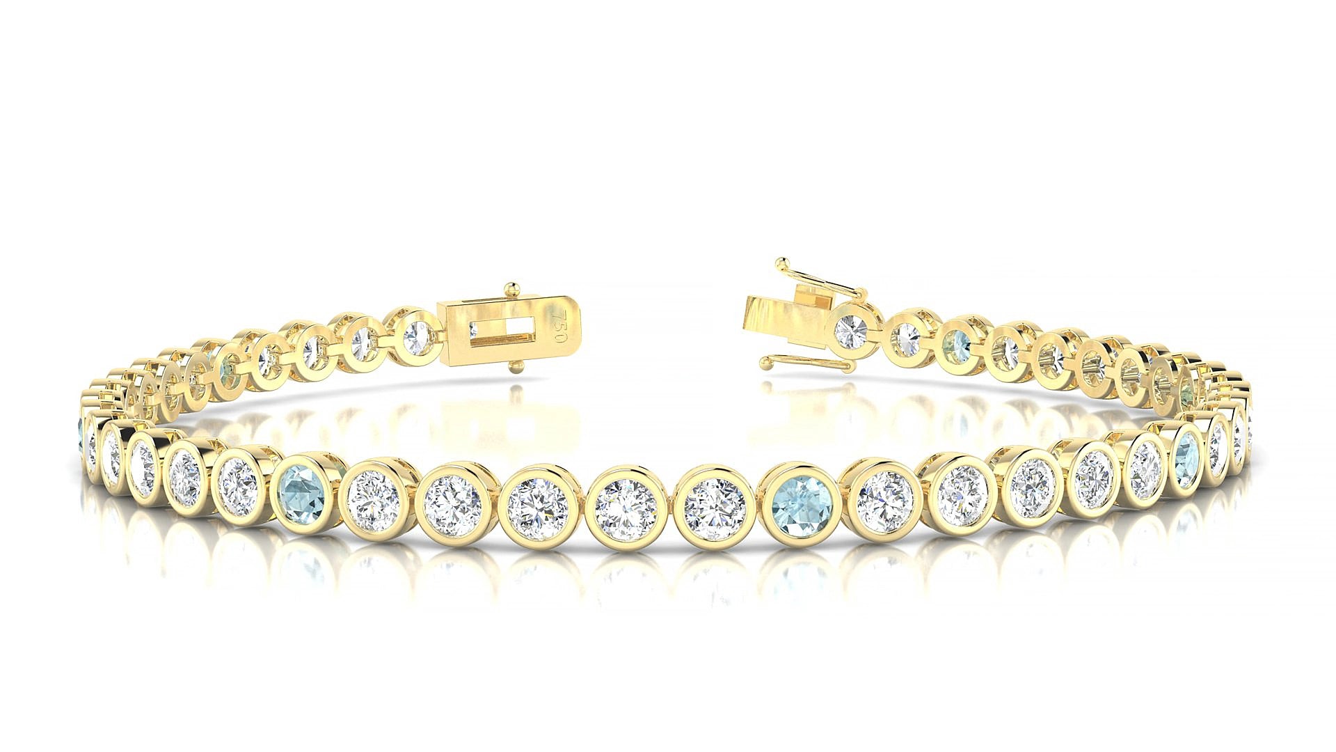 Avila 1-5 | 18k Yellow Gold 3 mm Round Natural Aquamarine & Diamond 15 cm Tennis Bracelet