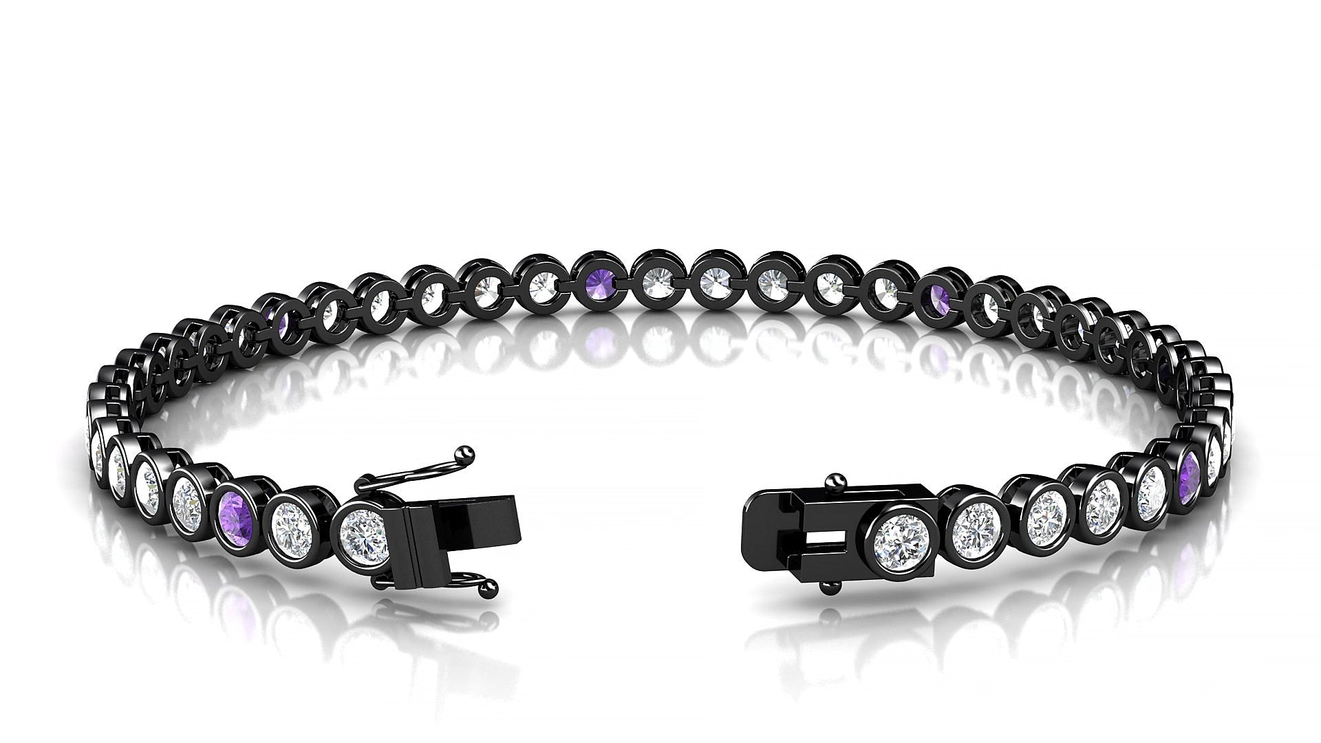 Avila 1-5 | 18k Black Gold 3 mm Round Natural Amethyst & Diamond 18 cm Tennis Bracelet