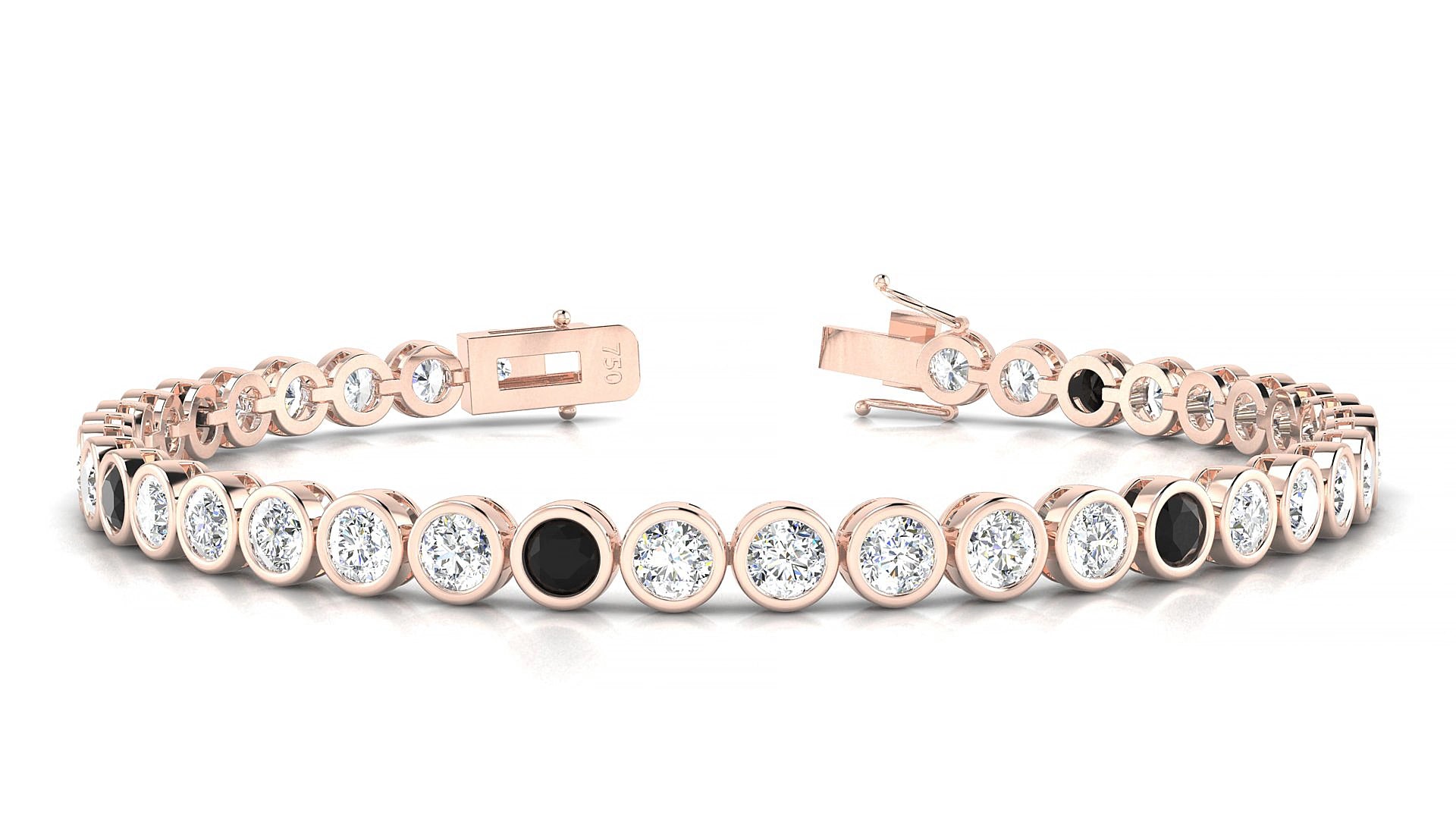 Avila 1-5 | 18k Rose Gold 3.4 mm Round Natural Black Diamond & Diamond 15 cm Tennis Bracelet