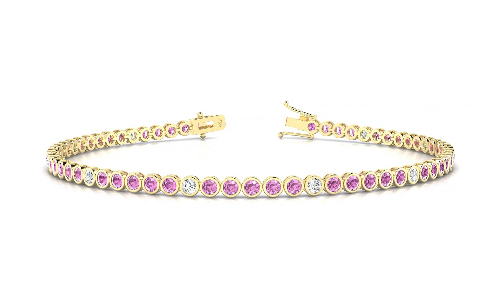 Avila 5-1 | 18k Yellow Gold 2 mm Round Natural Pink Sapphire & Diamond 15 cm Tennis Bracelet