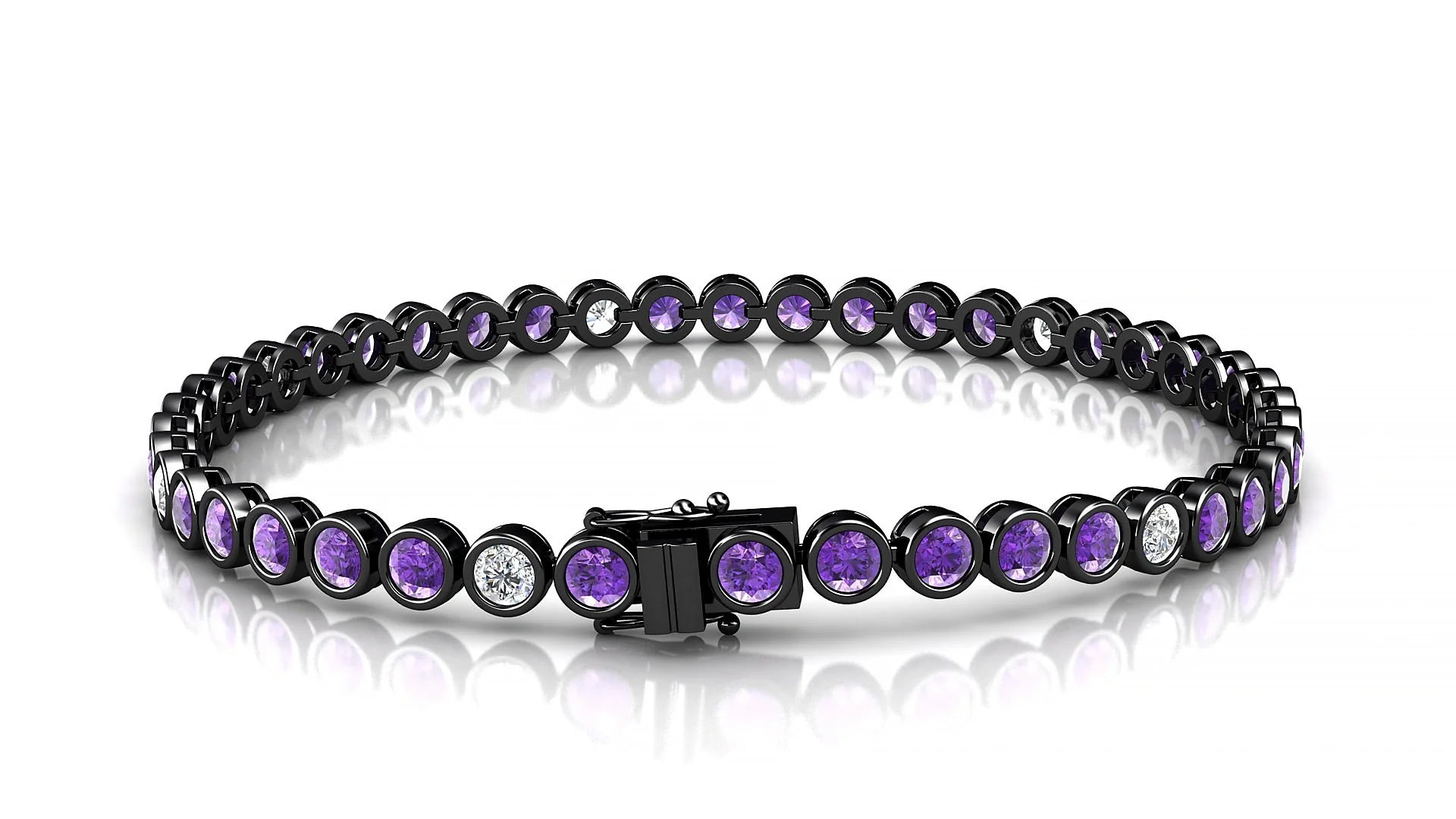 Avila 5-1 | 18k Black Gold 3 mm Round Natural Amethyst & Diamond Tennis Bracelet
