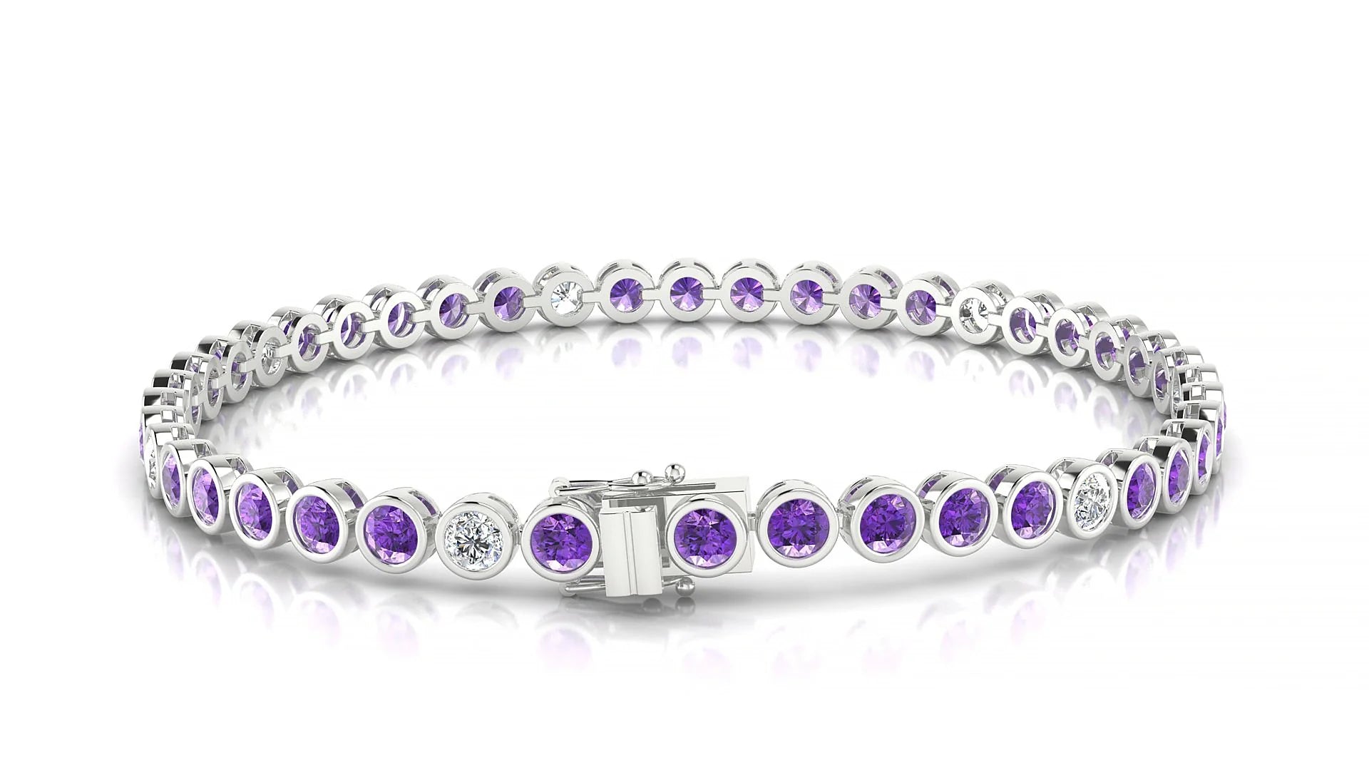 Avila 5-1 | 18k White Gold 3 mm Round Natural Amethyst & Diamond Tennis Bracelet