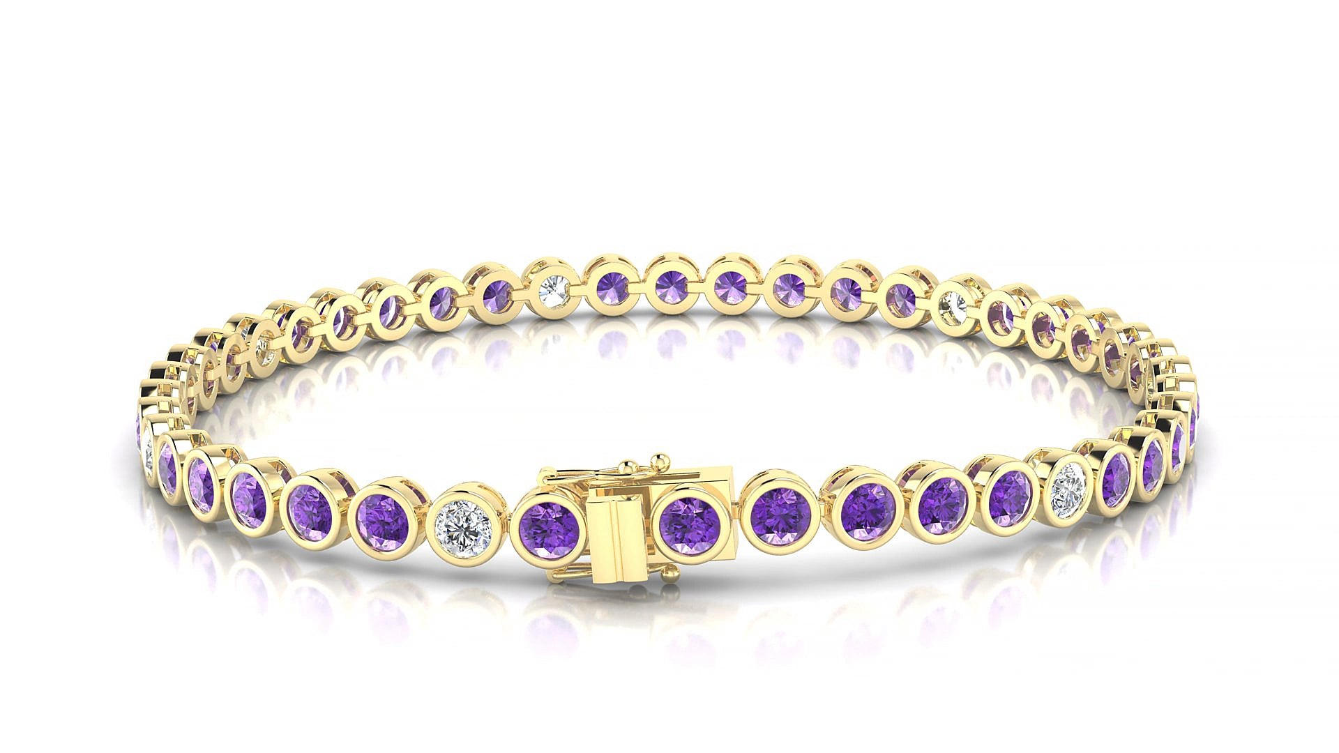 Avila 5-1 | 18k Yellow Gold 3 mm Round Natural Amethyst & Diamond 15 cm Tennis Bracelet