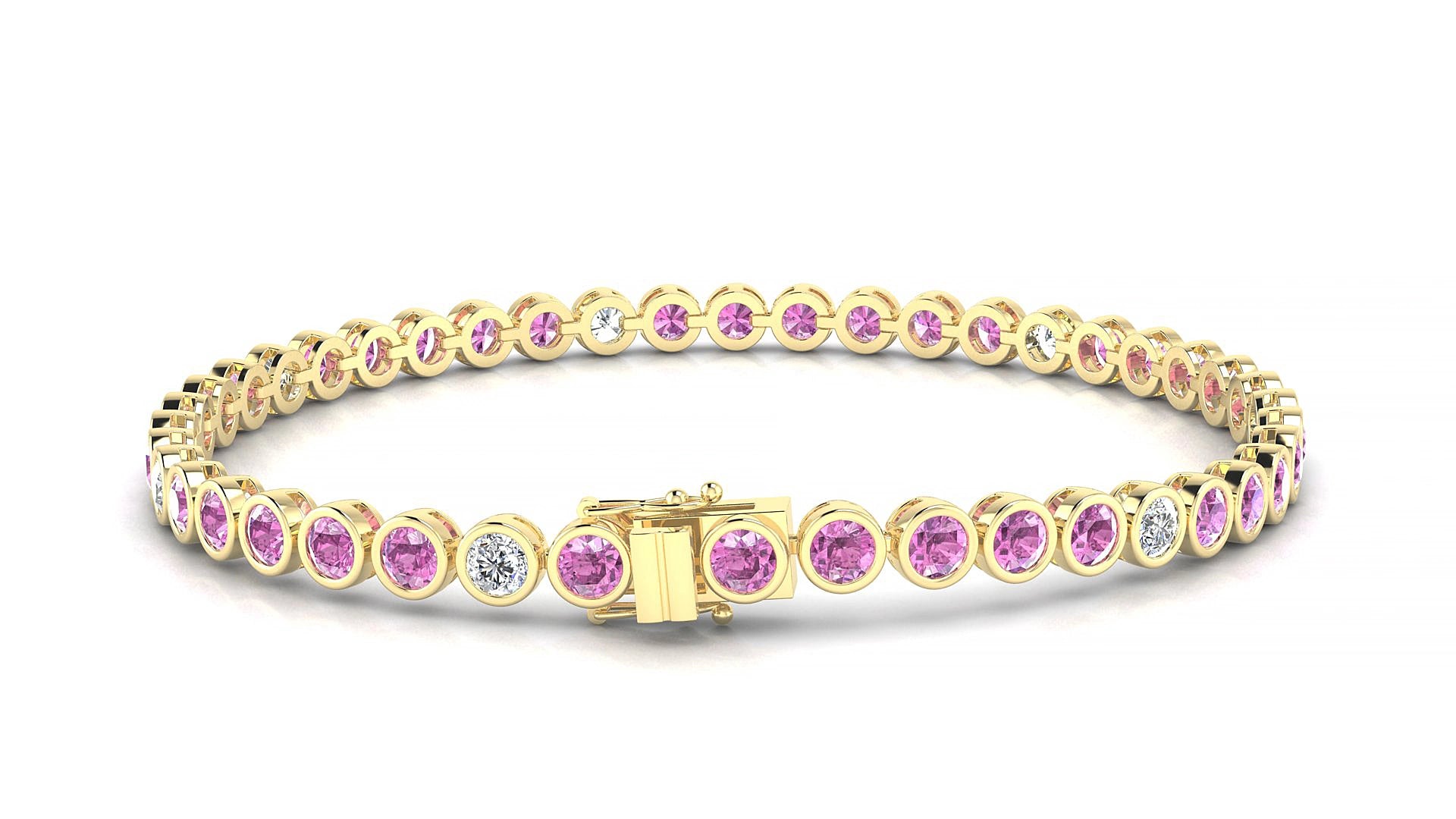 Avila 5-1 | 18k Yellow Gold 3 mm Round Natural Pink Sapphire & Diamond 15 cm Tennis Bracelet