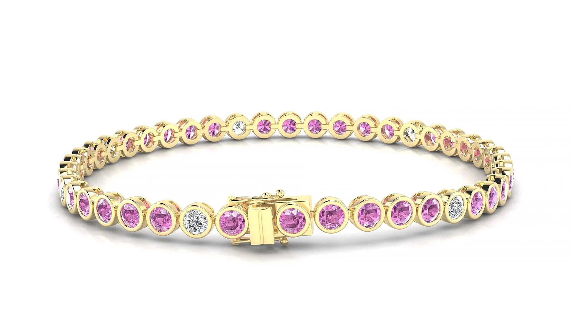 Avila 5-1 | 18k Yellow Gold 3 mm Round Natural Pink Sapphire & Diamond Tennis Bracelet