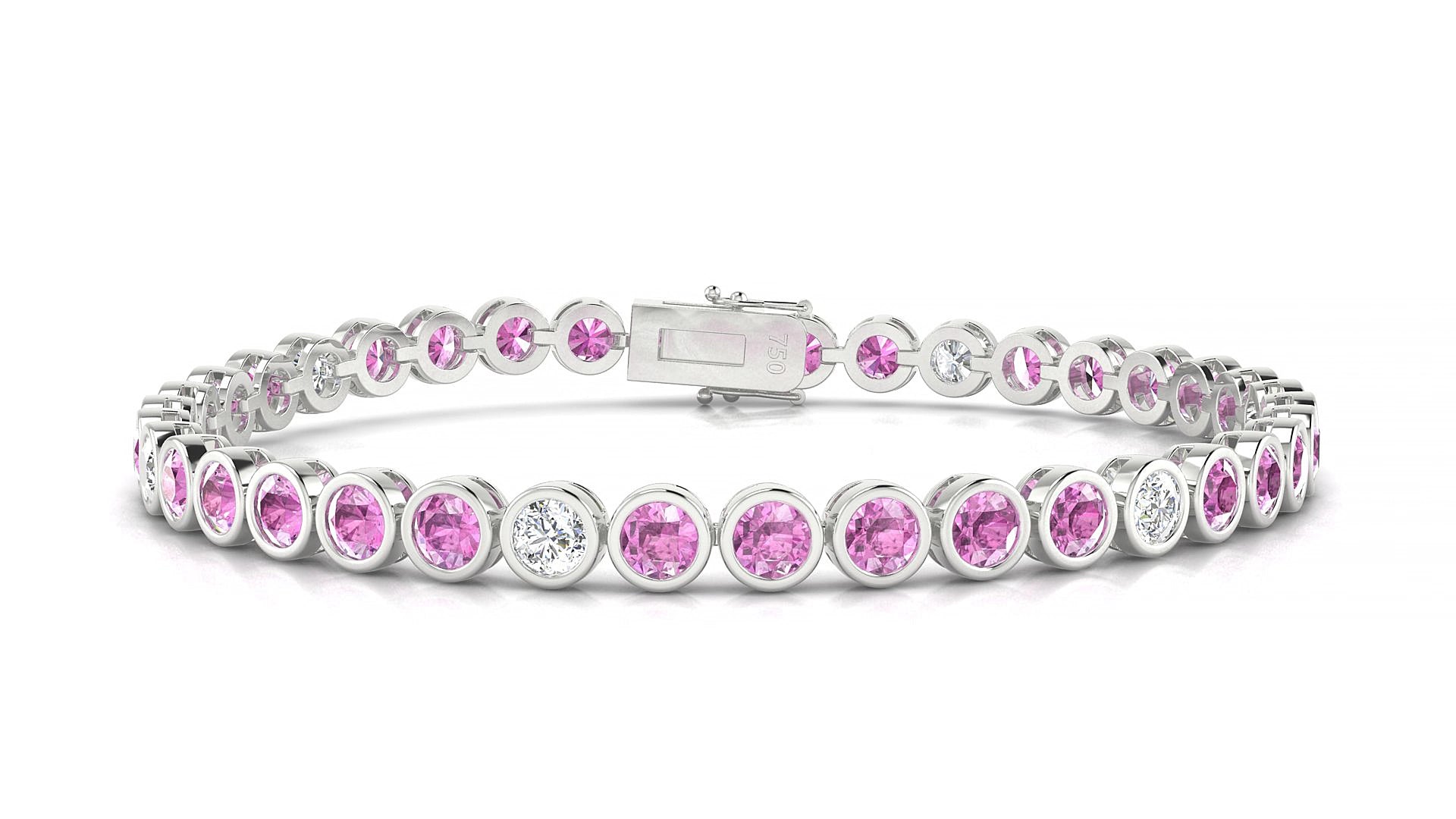 Avila 5-1 | 18k White Gold 3.4 mm Round Natural Pink Sapphire & Diamond 15 cm Tennis Bracelet