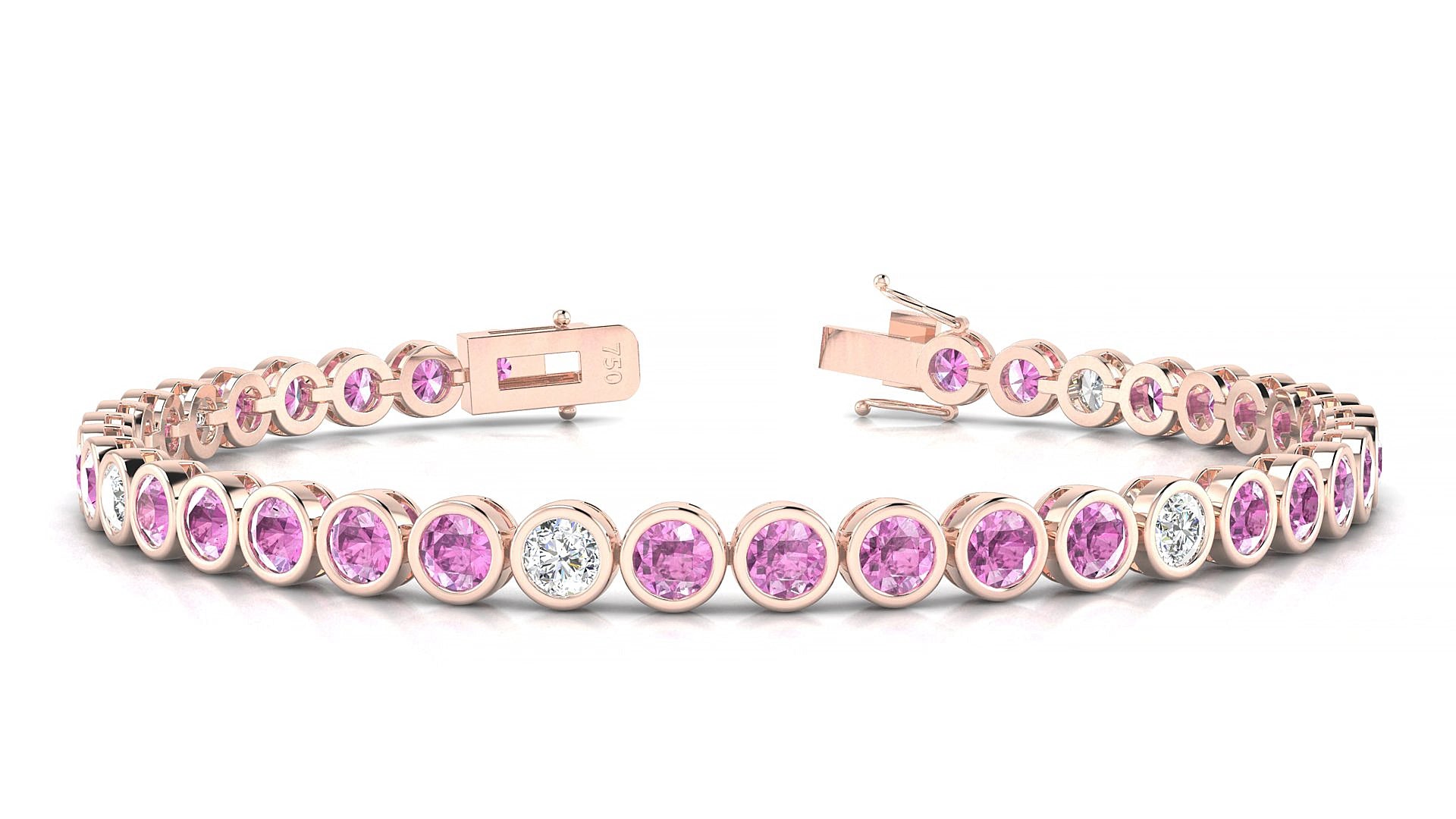 Avila 5-1 | 18k Rose Gold 3.4 mm Round Natural Pink Sapphire & Diamond 18 cm Tennis Bracelet