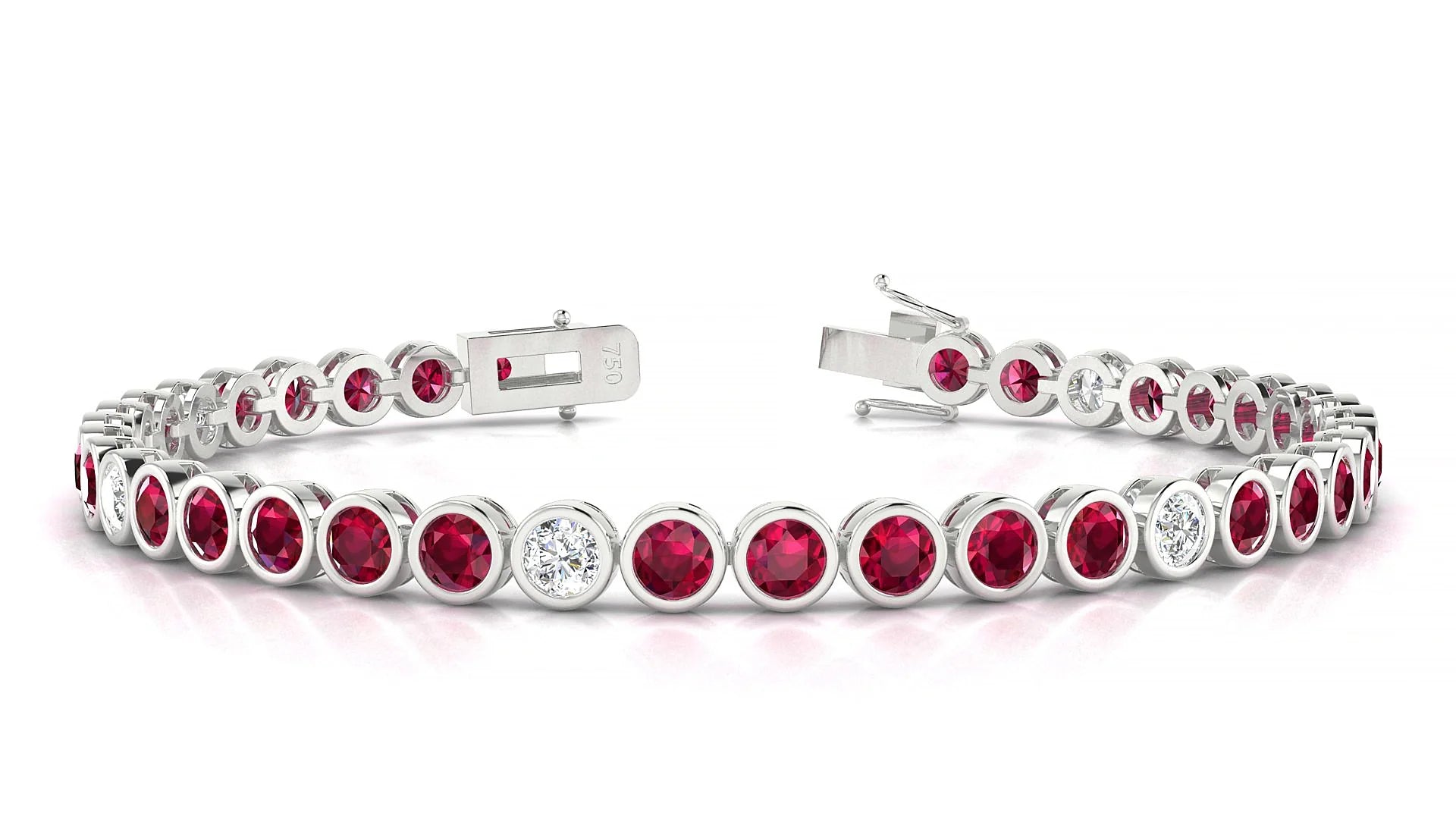 Avila 5-1 | 18k White Gold 3.4 mm Round Natural Ruby & Diamond Tennis Bracelet