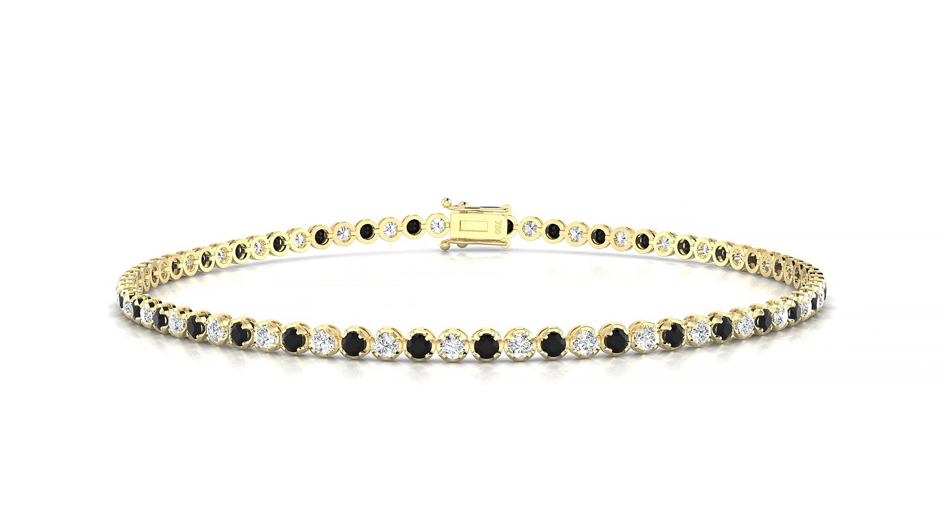 Bengal 1-1 | 18k Yellow Gold 1.7 mm Round Natural Black Diamond & Diamond 15 cm Tennis Bracelet