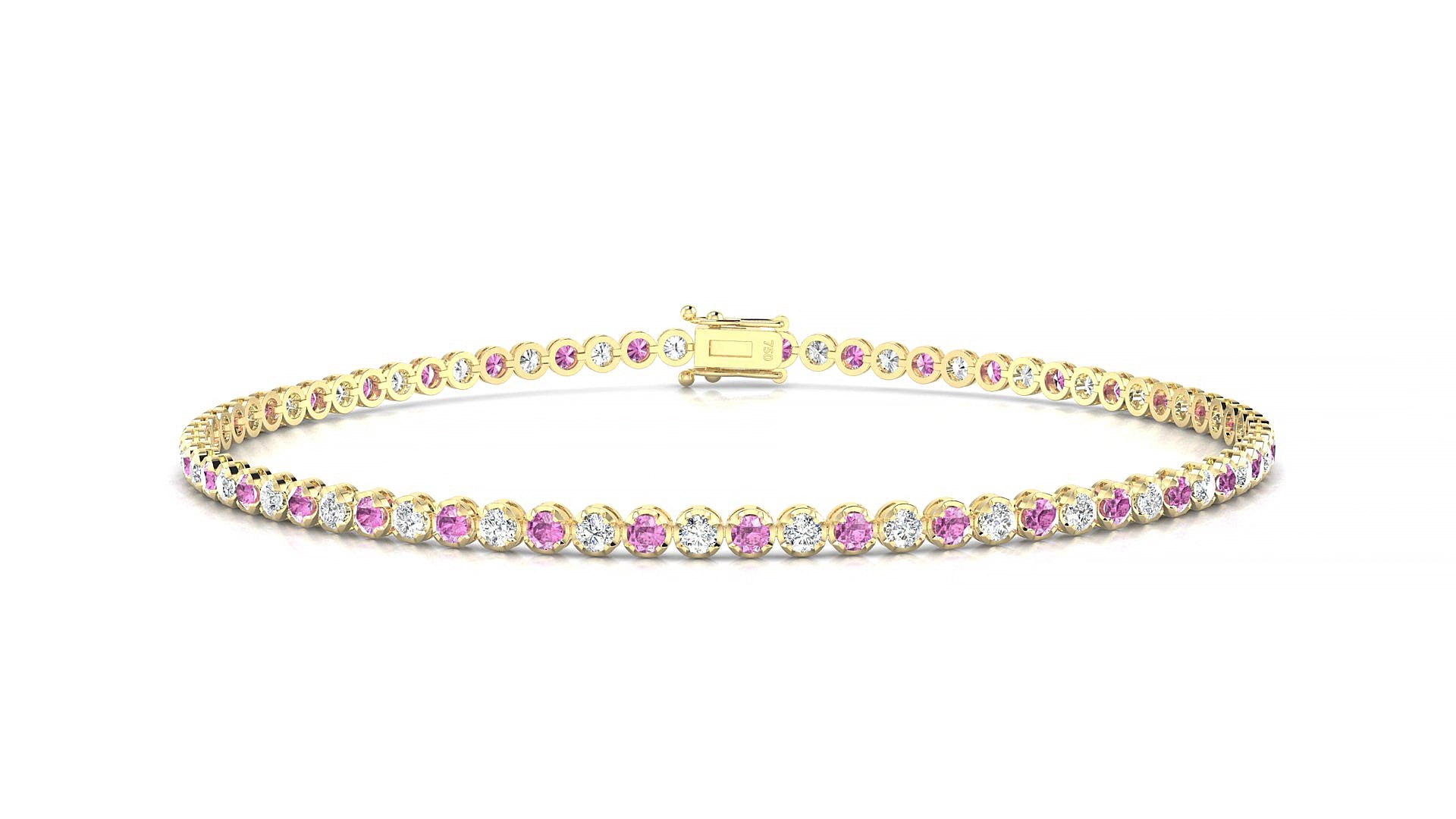 Bengal 1-1 | 18k Yellow Gold 1.7 mm Round Natural Pink Sapphire & Diamond 15 cm Tennis Bracelet