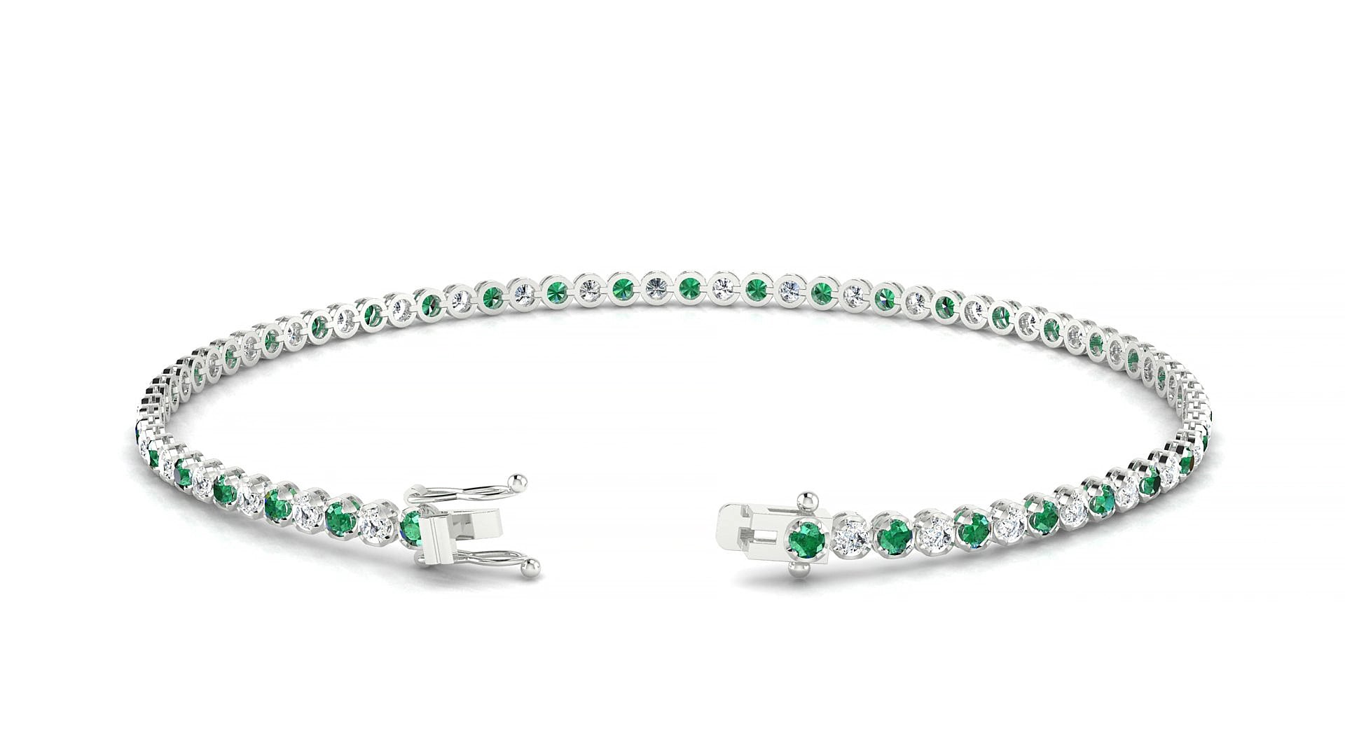 Bengal 1-1 | 18k White Gold 1.7 mm Round Natural Emerald & Diamond 15 cm Tennis Bracelet