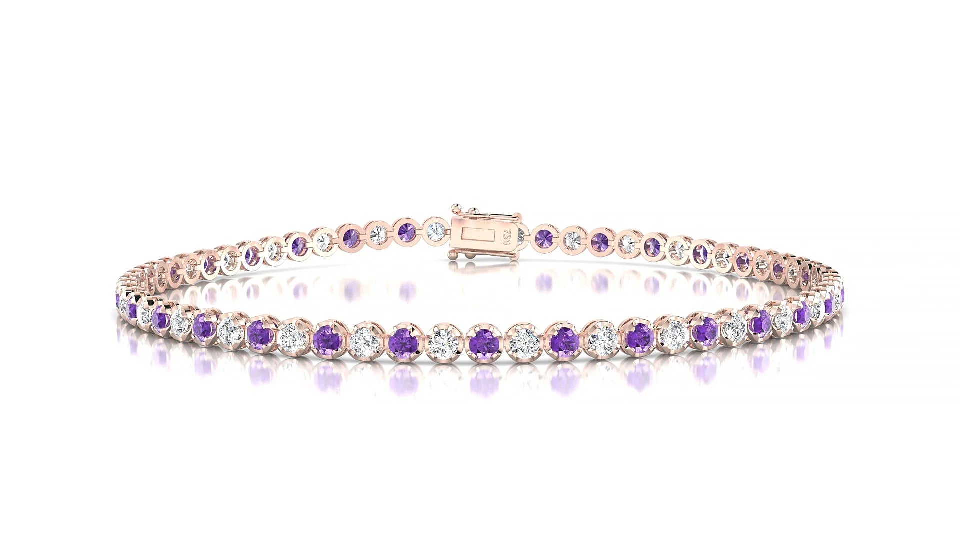 Bengal 1-1 | 18k Rose Gold 2 mm Round Natural Amethyst & Diamond Tennis Bracelet