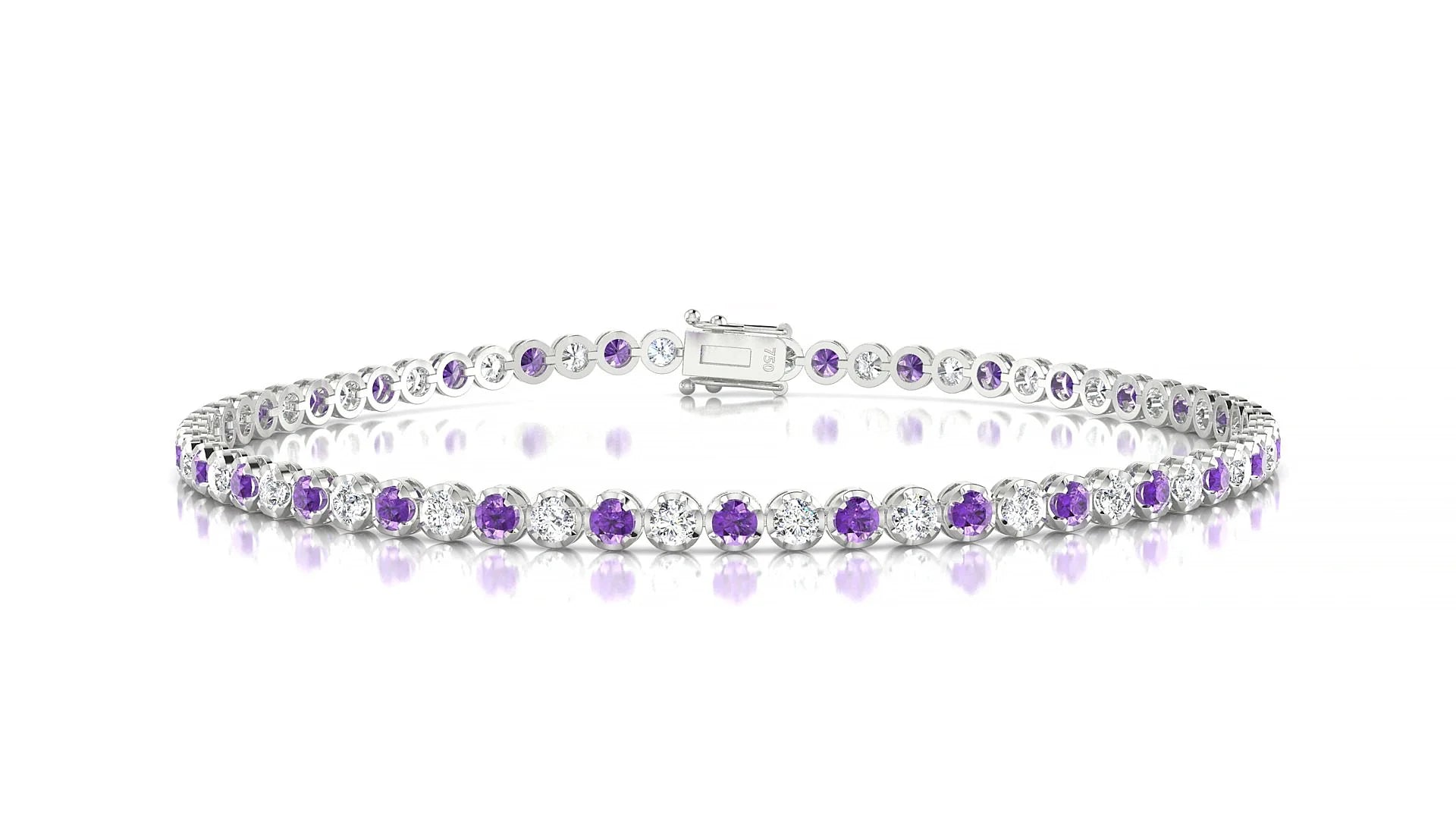 Bengal 1-1 | 18k White Gold 2 mm Round Natural Amethyst & Diamond Tennis Bracelet