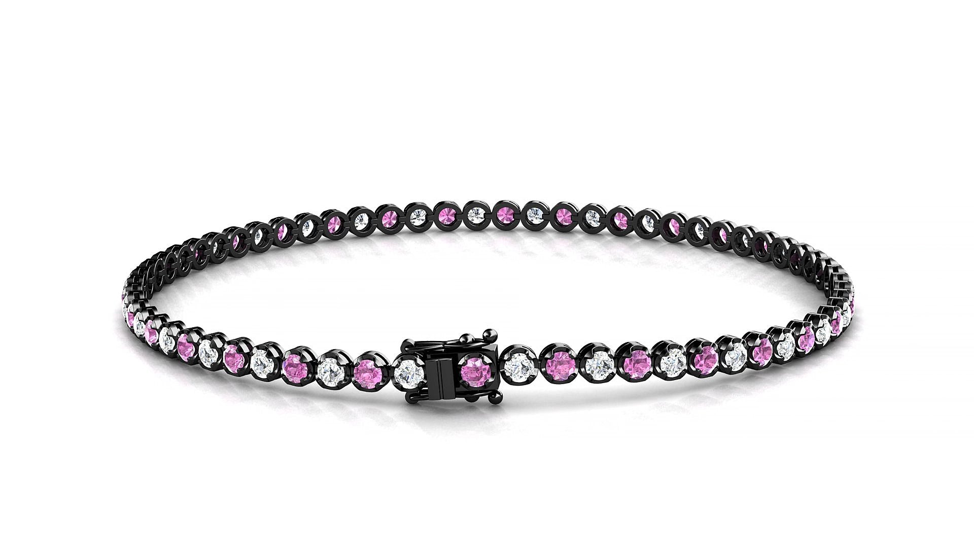 Bengal 1-1 | 18k Black Gold 2 mm Round Natural Pink Sapphire & Diamond 15 cm Tennis Bracelet