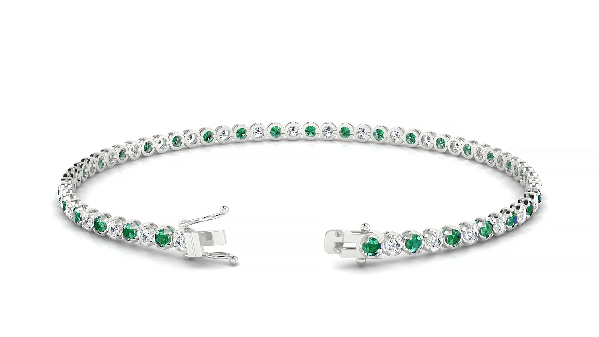Bengal 1-1 | 18k White Gold 2 mm Round Natural Emerald & Diamond Tennis Bracelet