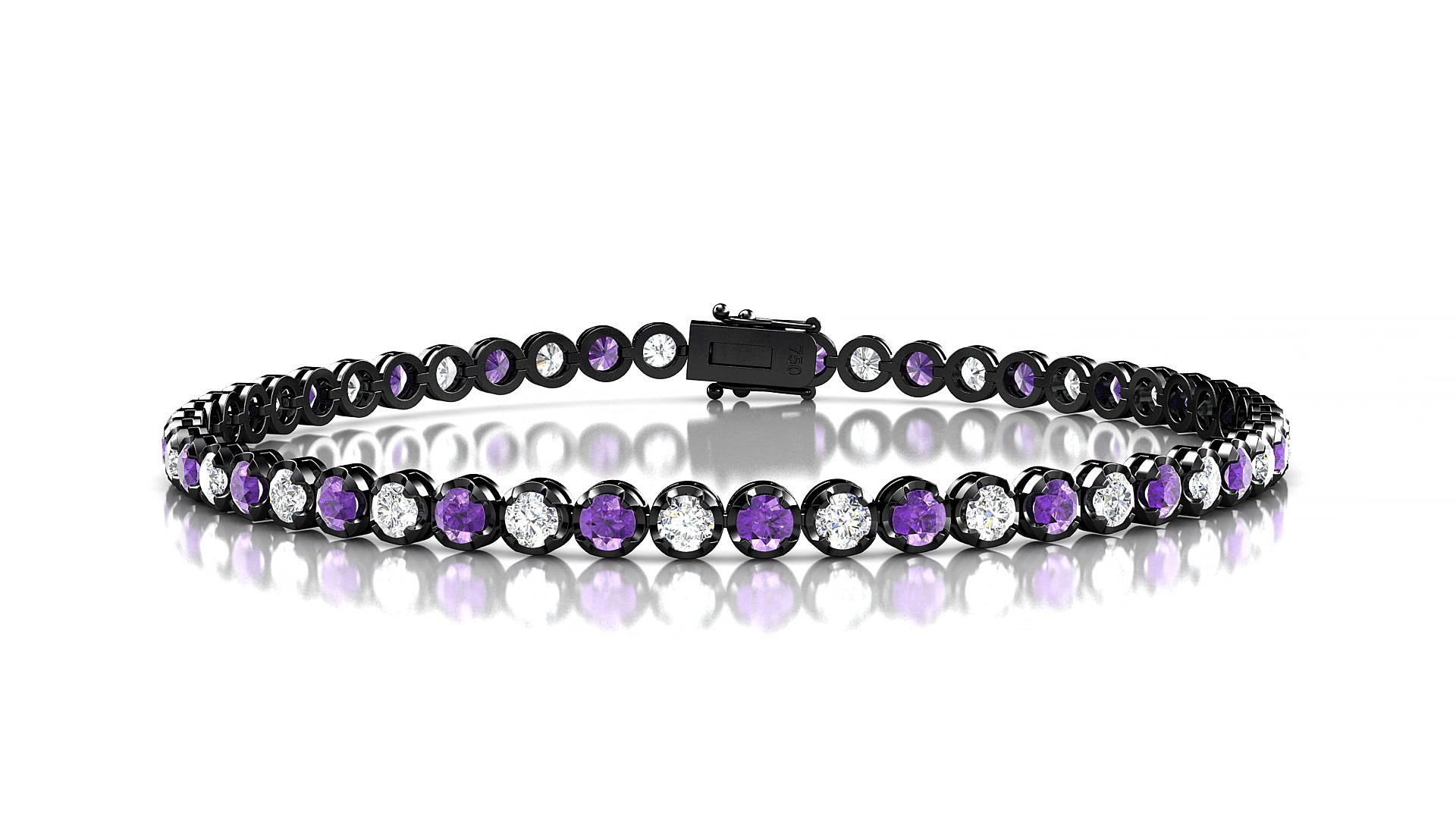 Bengal 1-1 | 18k Black Gold 2.5 mm Round Natural Amethyst & Diamond 15 cm Tennis Bracelet